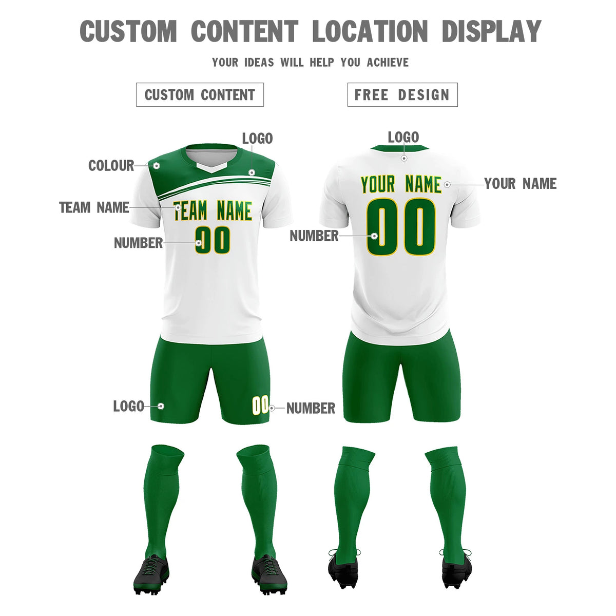 Custom White Kelly Green Personalized Men Soccer Sets Jersey