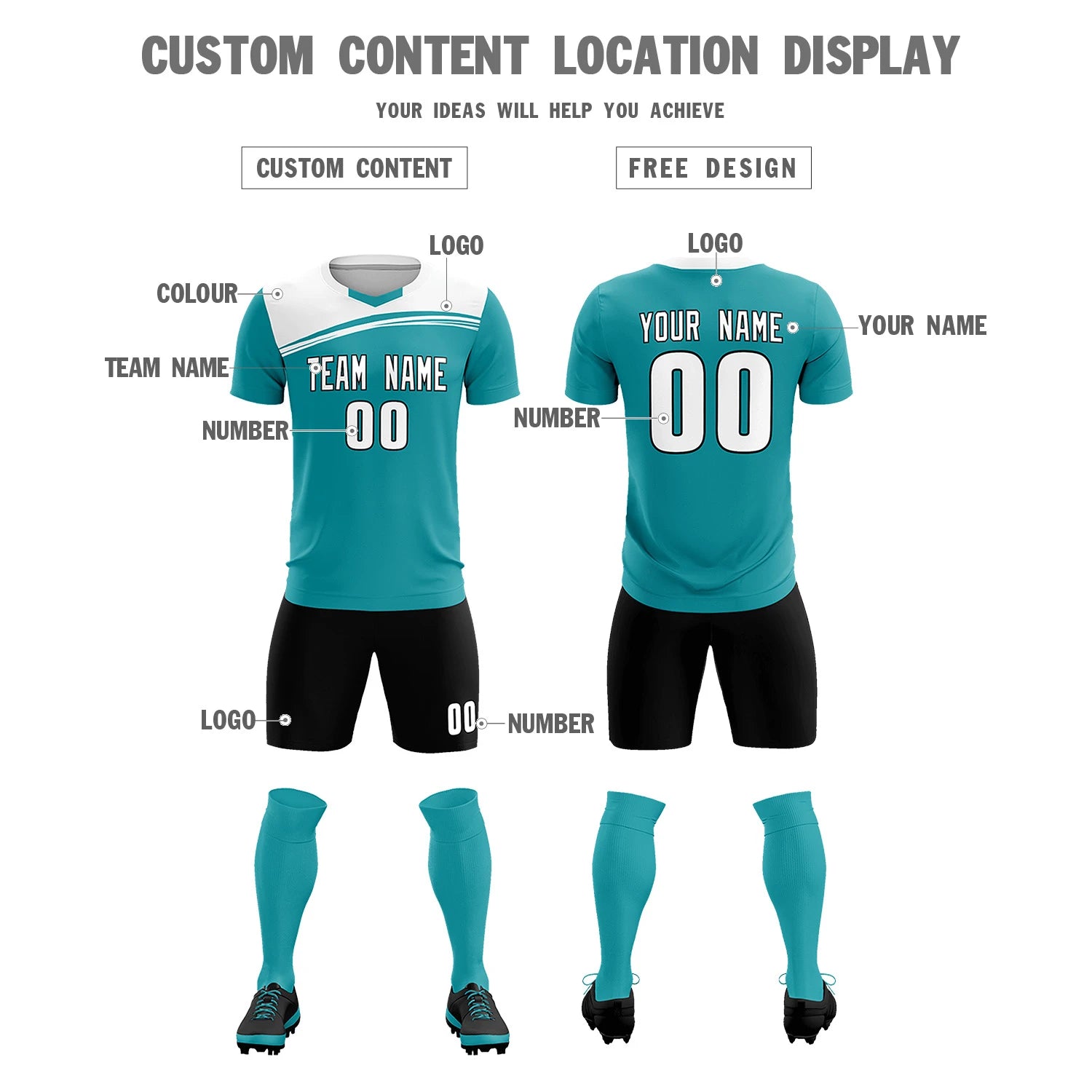 Custom Aqua White Personalized Men Soccer Sets Jersey