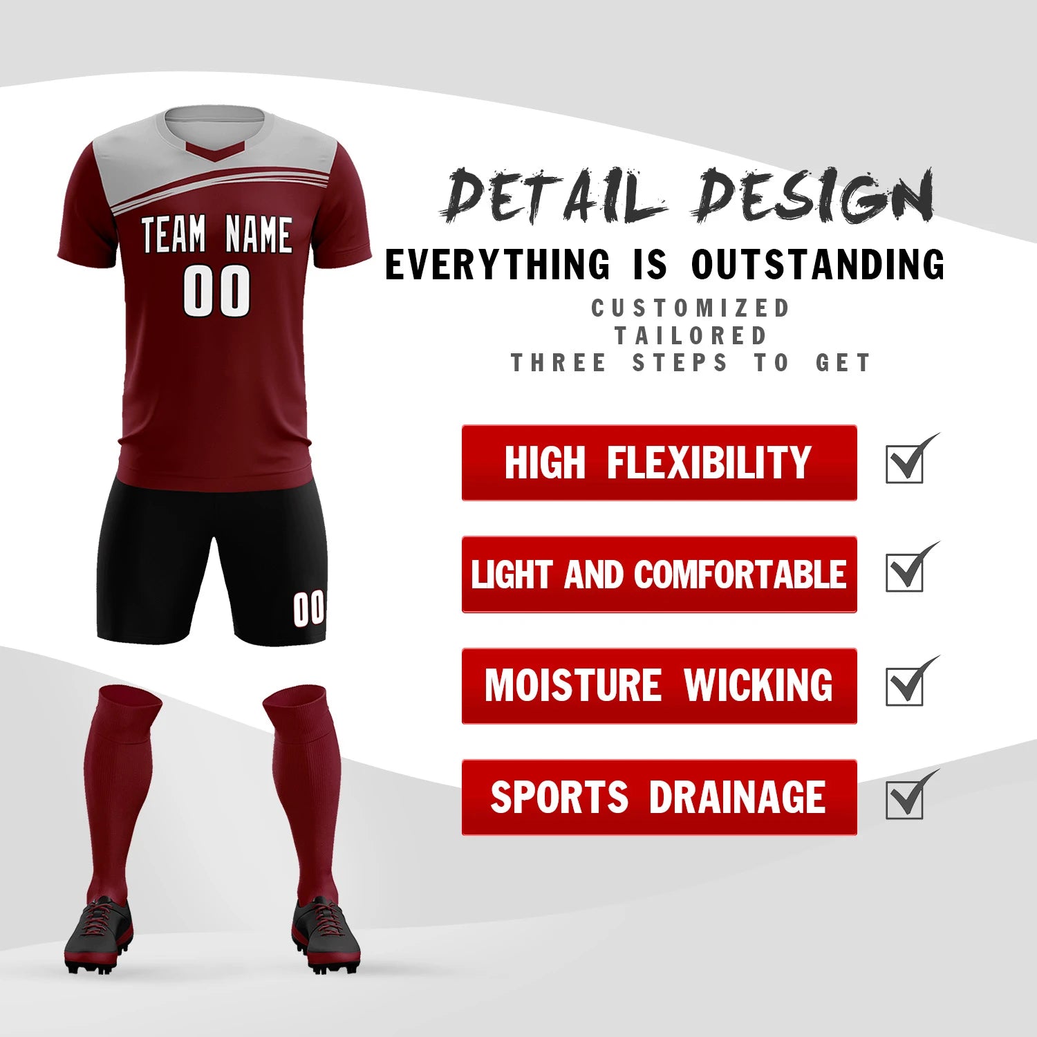 Custom Crimson Gray Personalized Men Soccer Sets Jersey