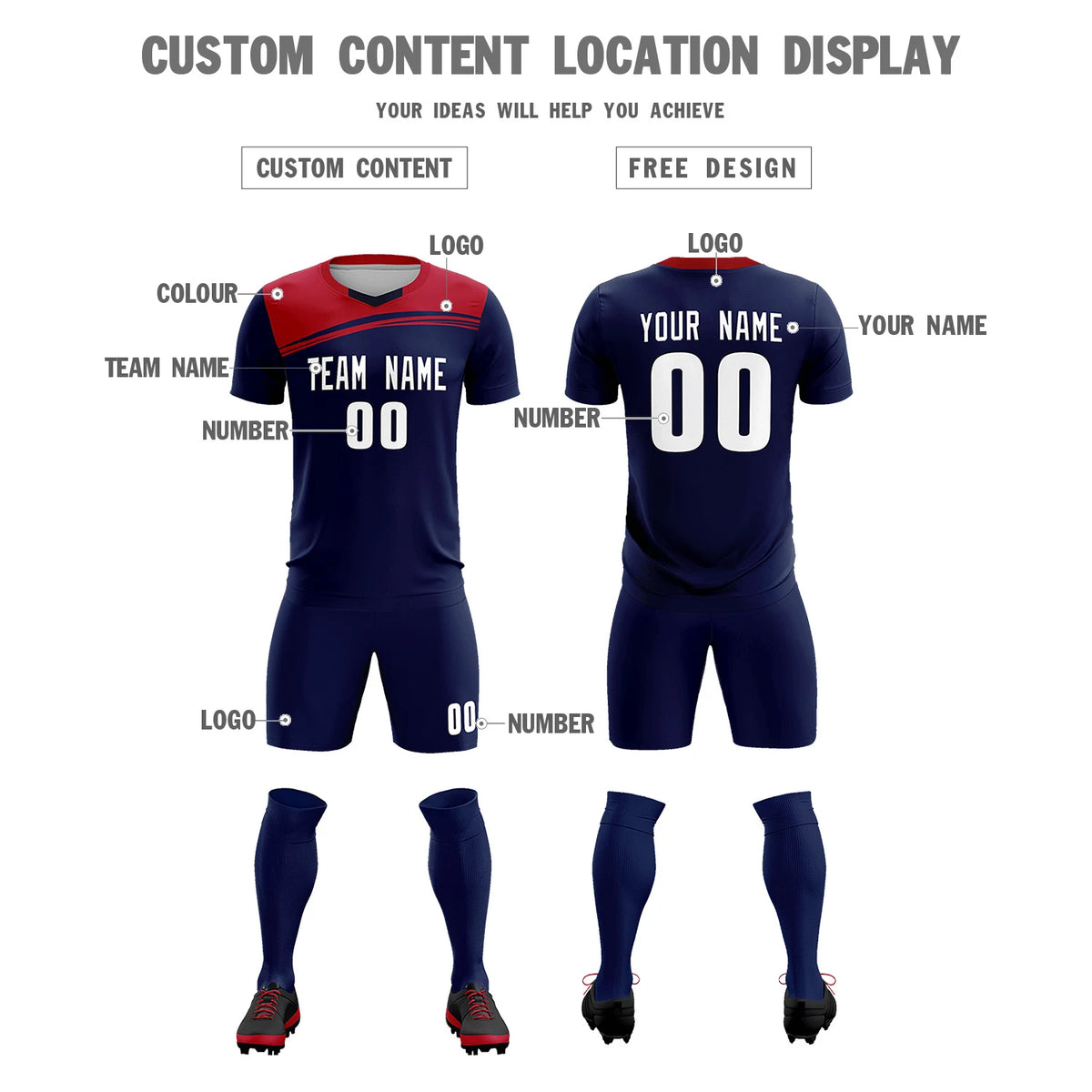Custom Navy Red Personalized Men Soccer Sets Jersey
