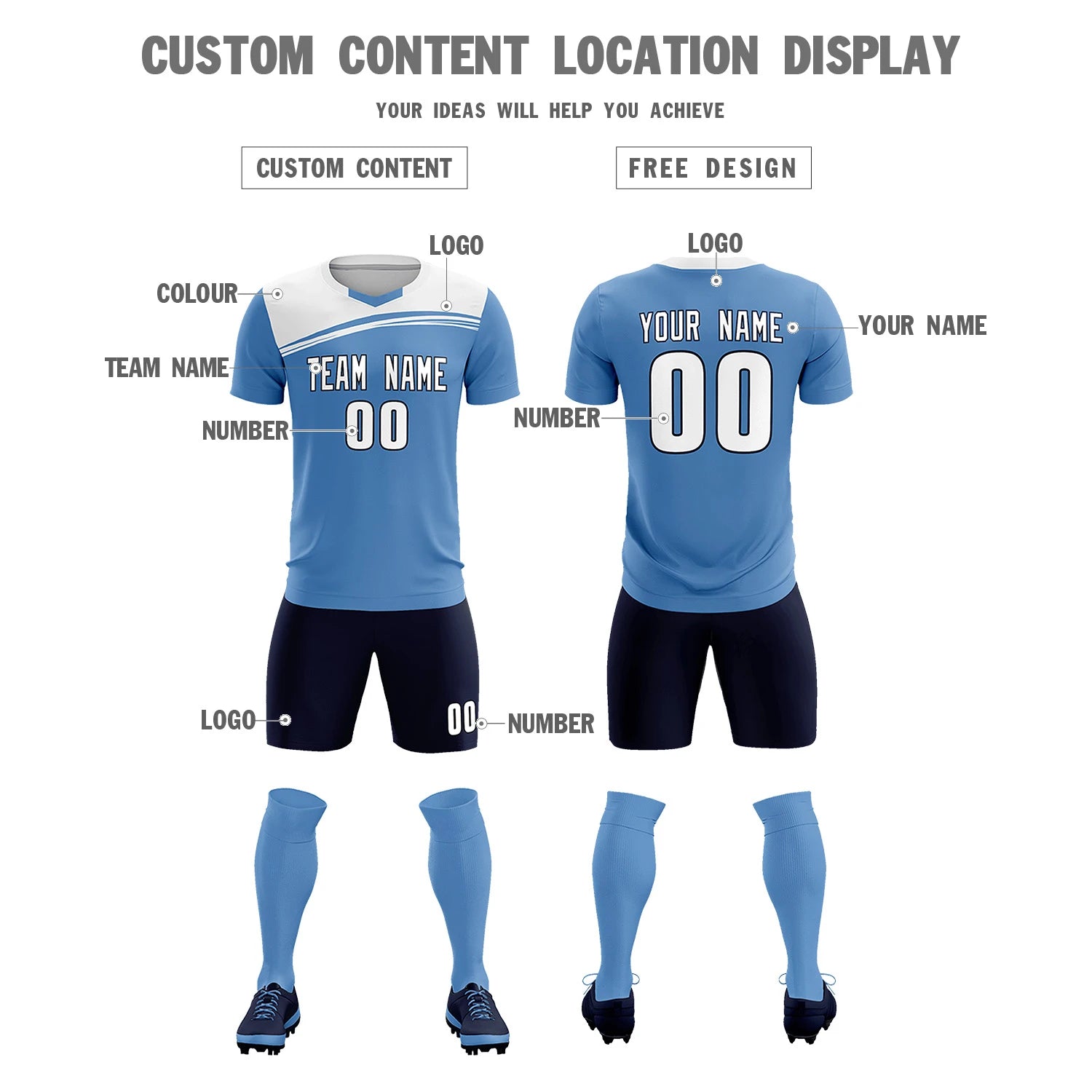 Custom Light Blue White Personalized Men Soccer Sets Jersey
