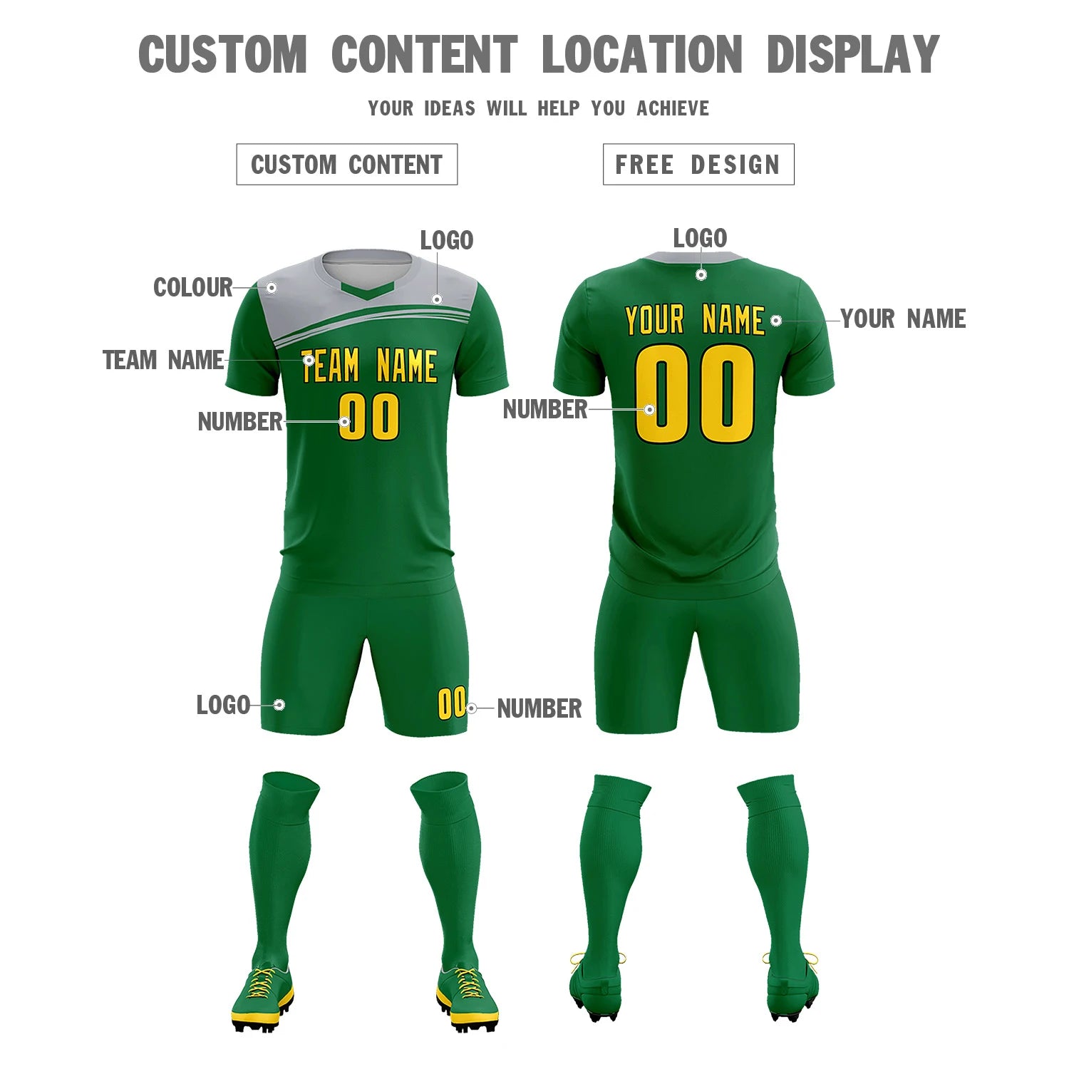 Custom Kelly Green Gray Personalized Men Soccer Sets Jersey