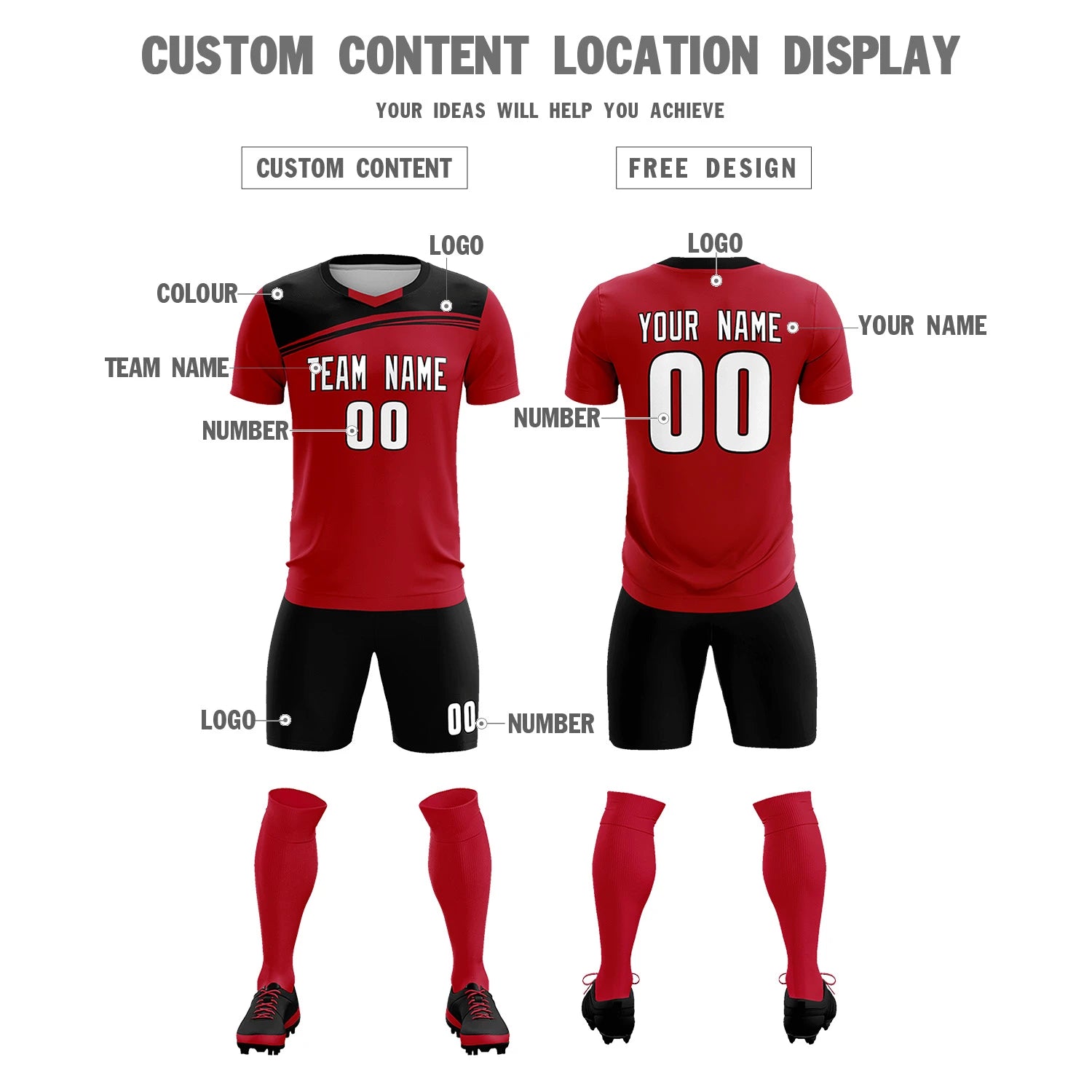 Custom Red Black Personalized Men Soccer Sets Jersey