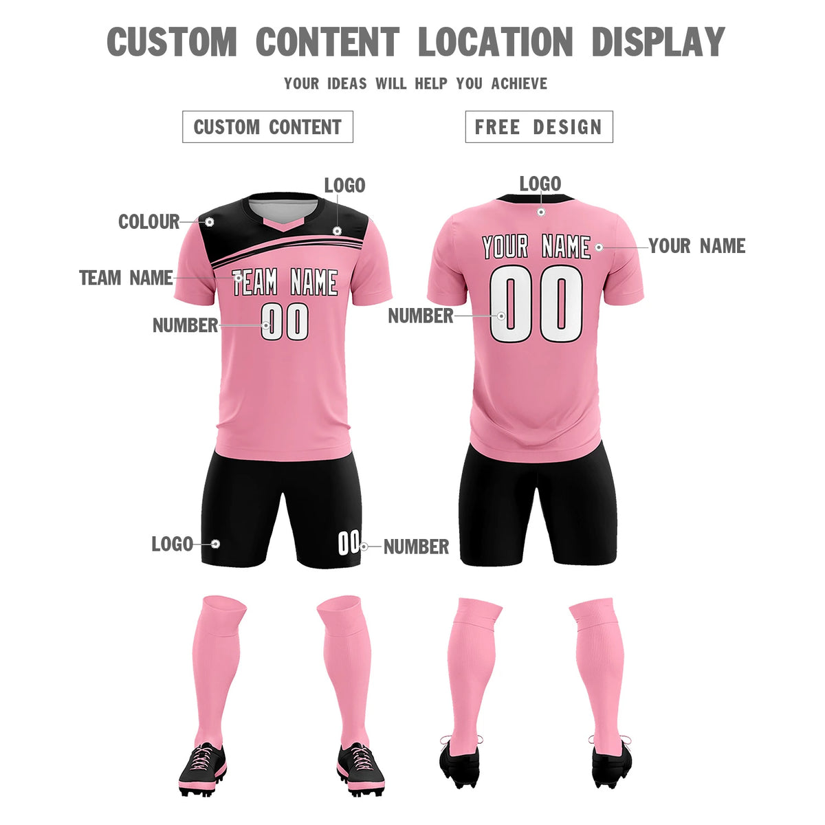 Custom Light Pink Black Personalized Men Soccer Sets Jersey