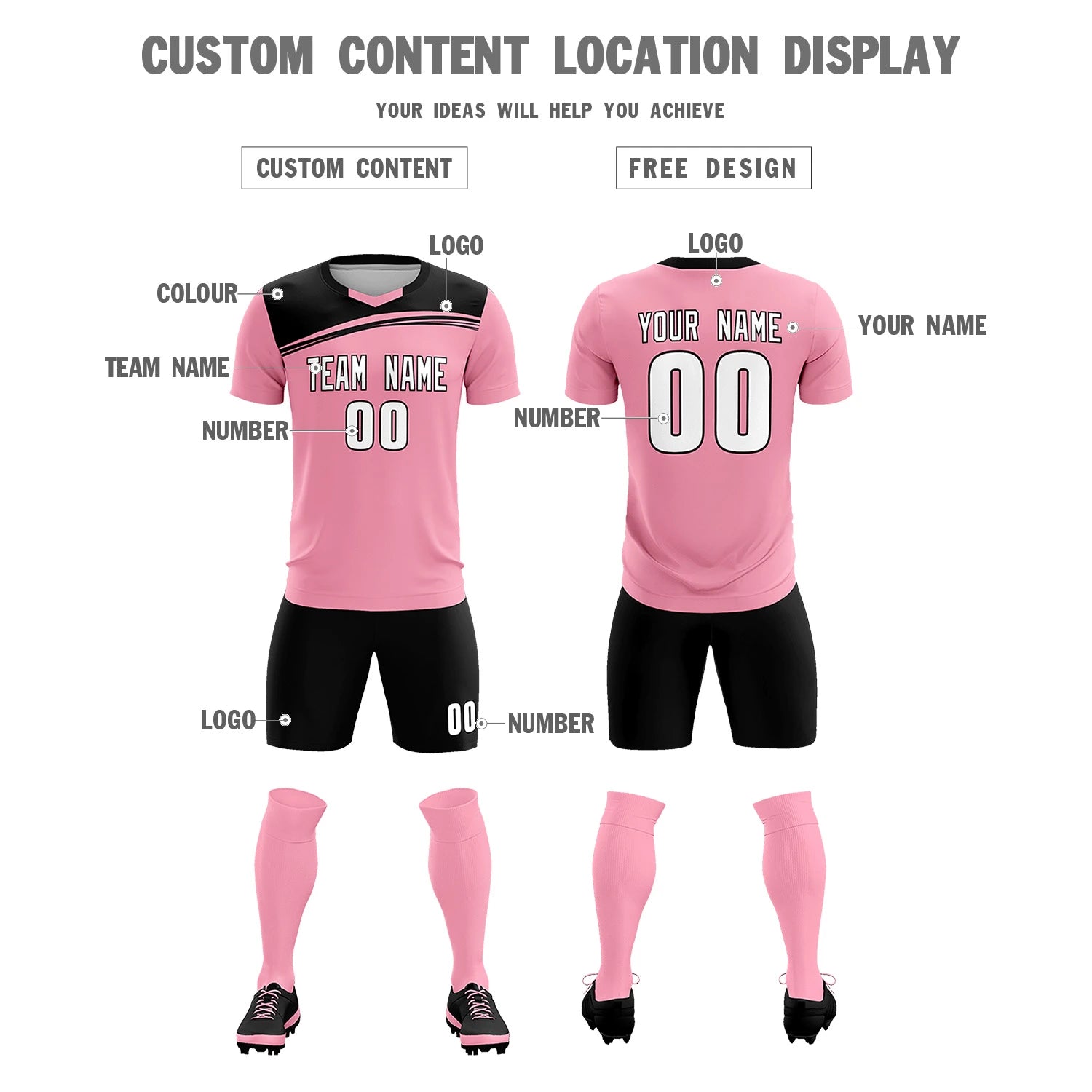Custom Light Pink Black Personalized Men Soccer Sets Jersey