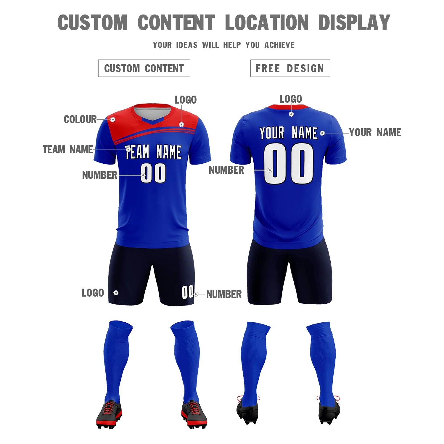 Custom Royal Blue Red Personalized Men Soccer Sets Jersey