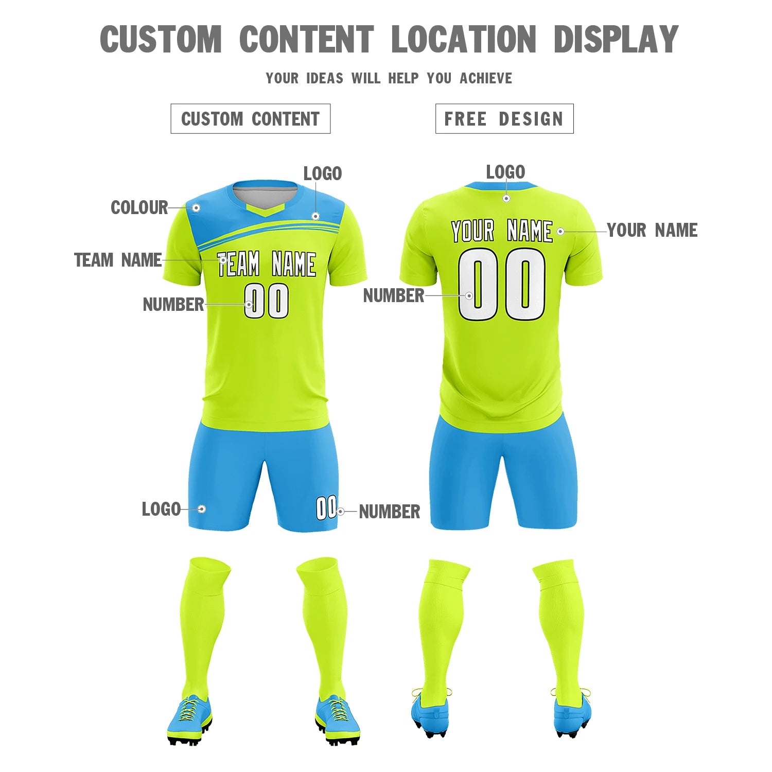 Custom Neon Green Powder Blue Personalized Men Soccer Sets Jersey