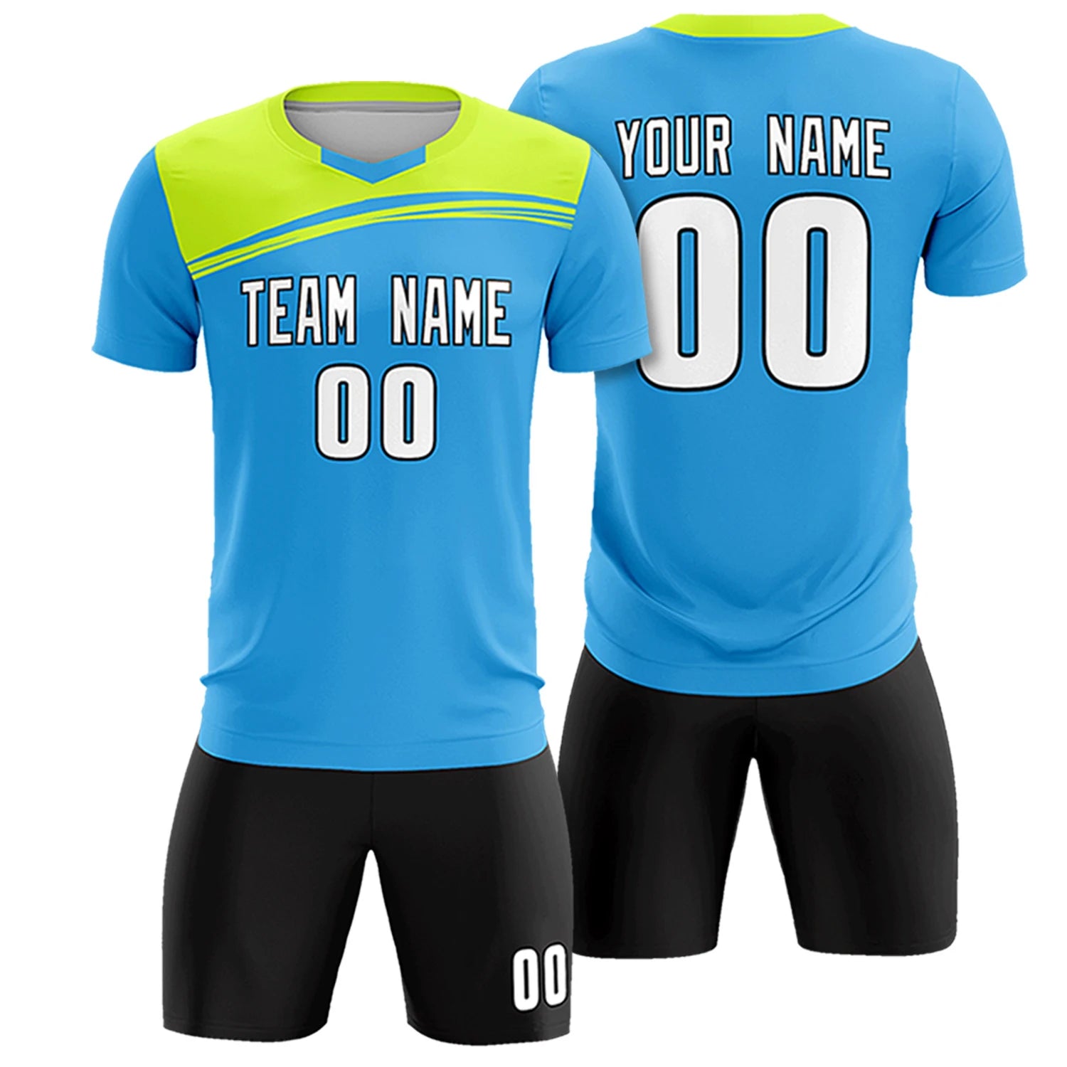 Custom Powder Blue Neon Green Personalized Men Soccer Sets Jersey