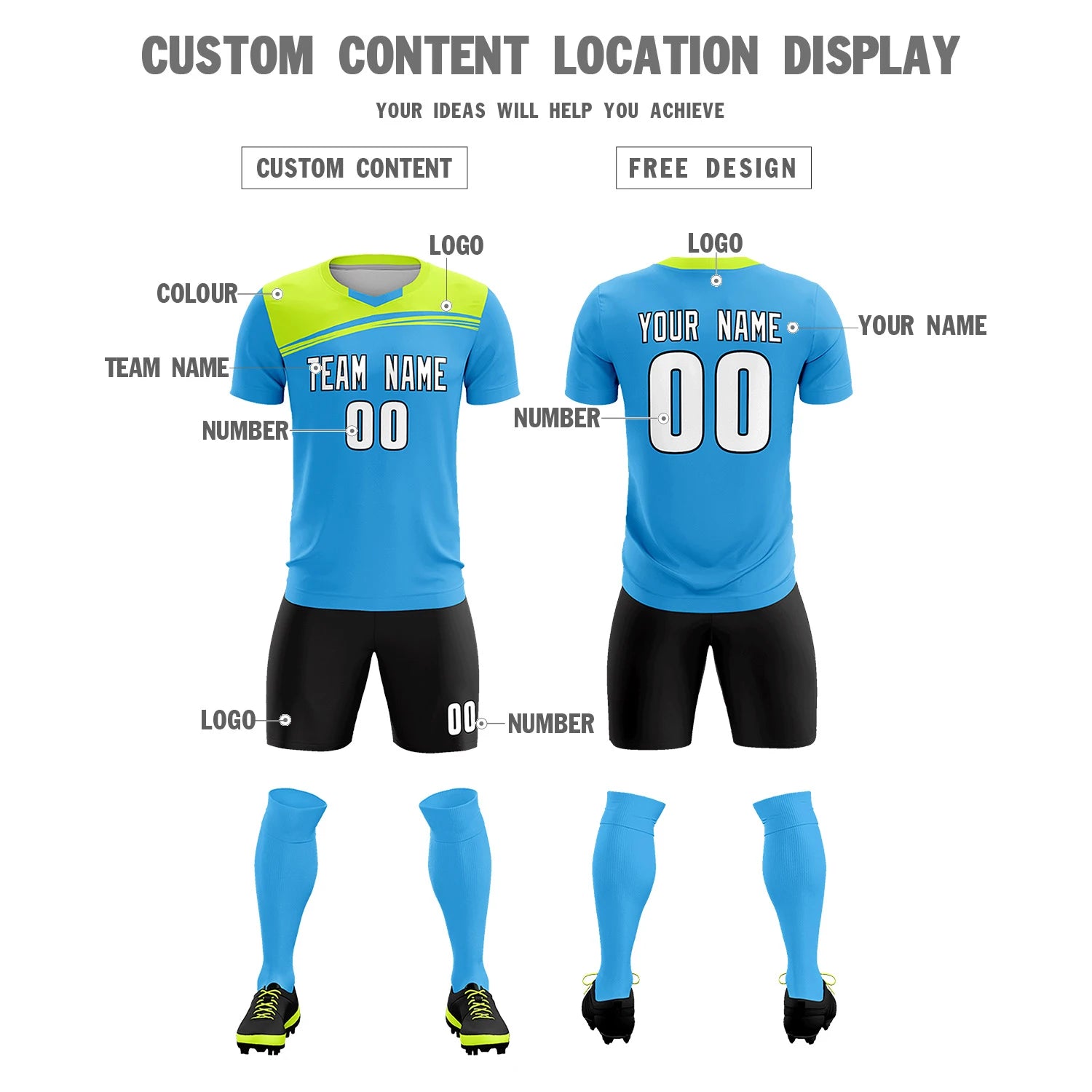 Custom Powder Blue Neon Green Personalized Men Soccer Sets Jersey