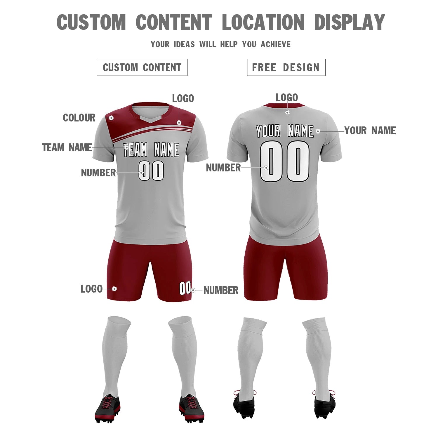 Custom Gray Crimson Personalized Men Soccer Sets Jersey