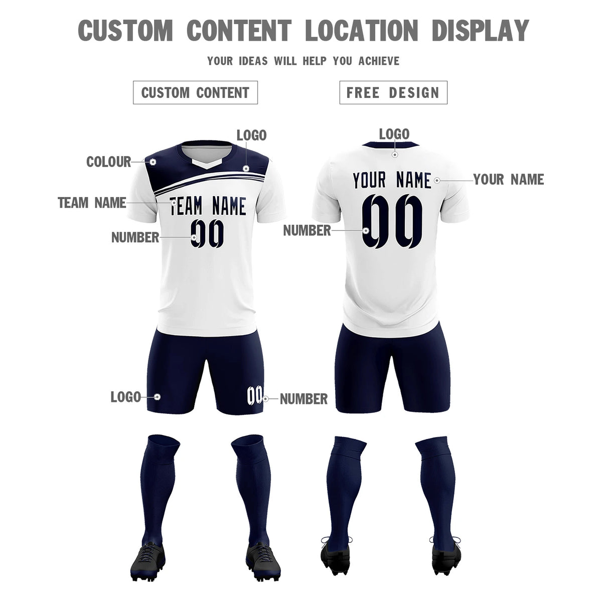 Custom White Navy Personalized Men Soccer Sets Jersey