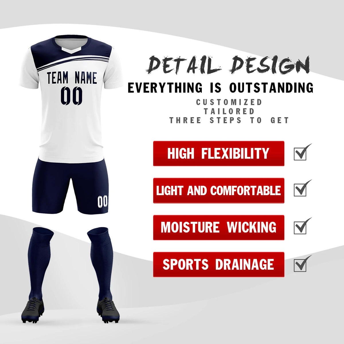 Custom White Navy Personalized Men Soccer Sets Jersey