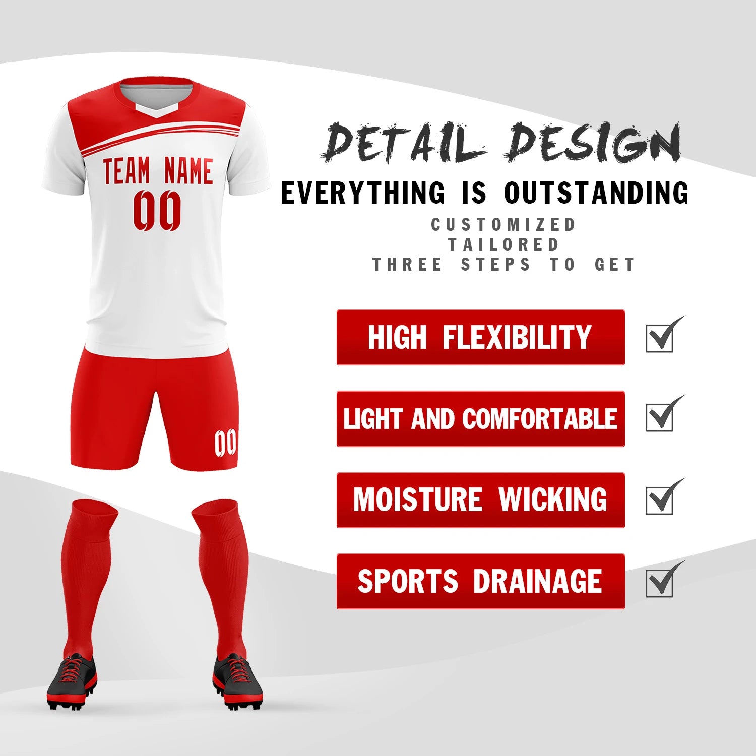Custom White Red Personalized Men Soccer Sets Jersey