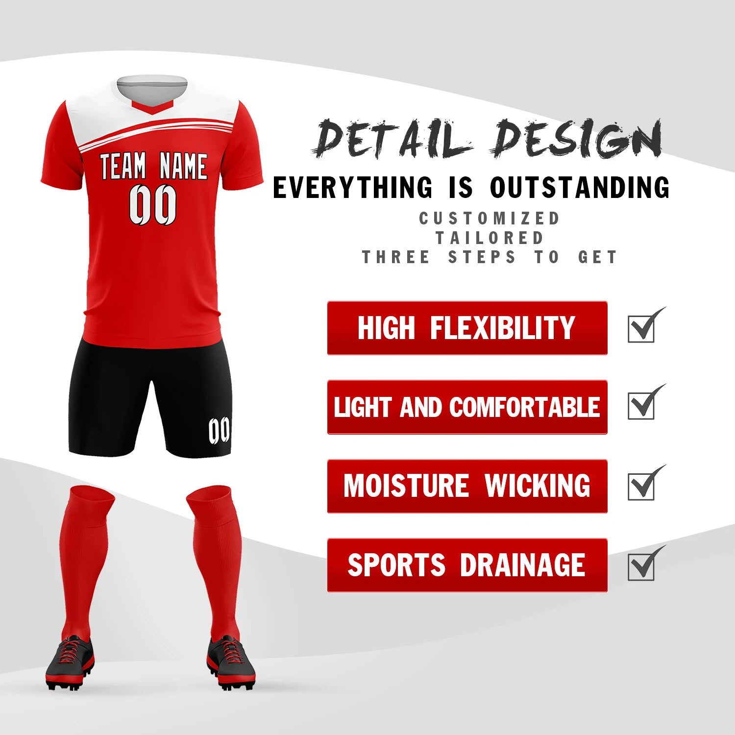 Custom Red White Personalized Men Soccer Sets Jersey