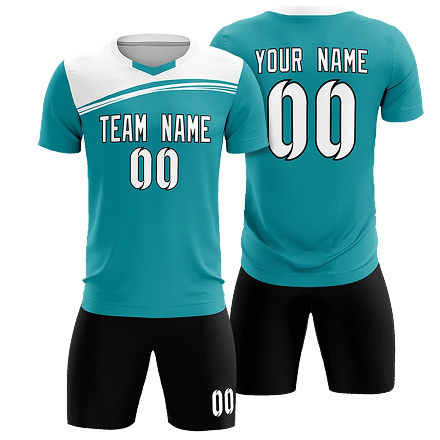 Custom Aqua White Personalized Men Soccer Sets Jersey