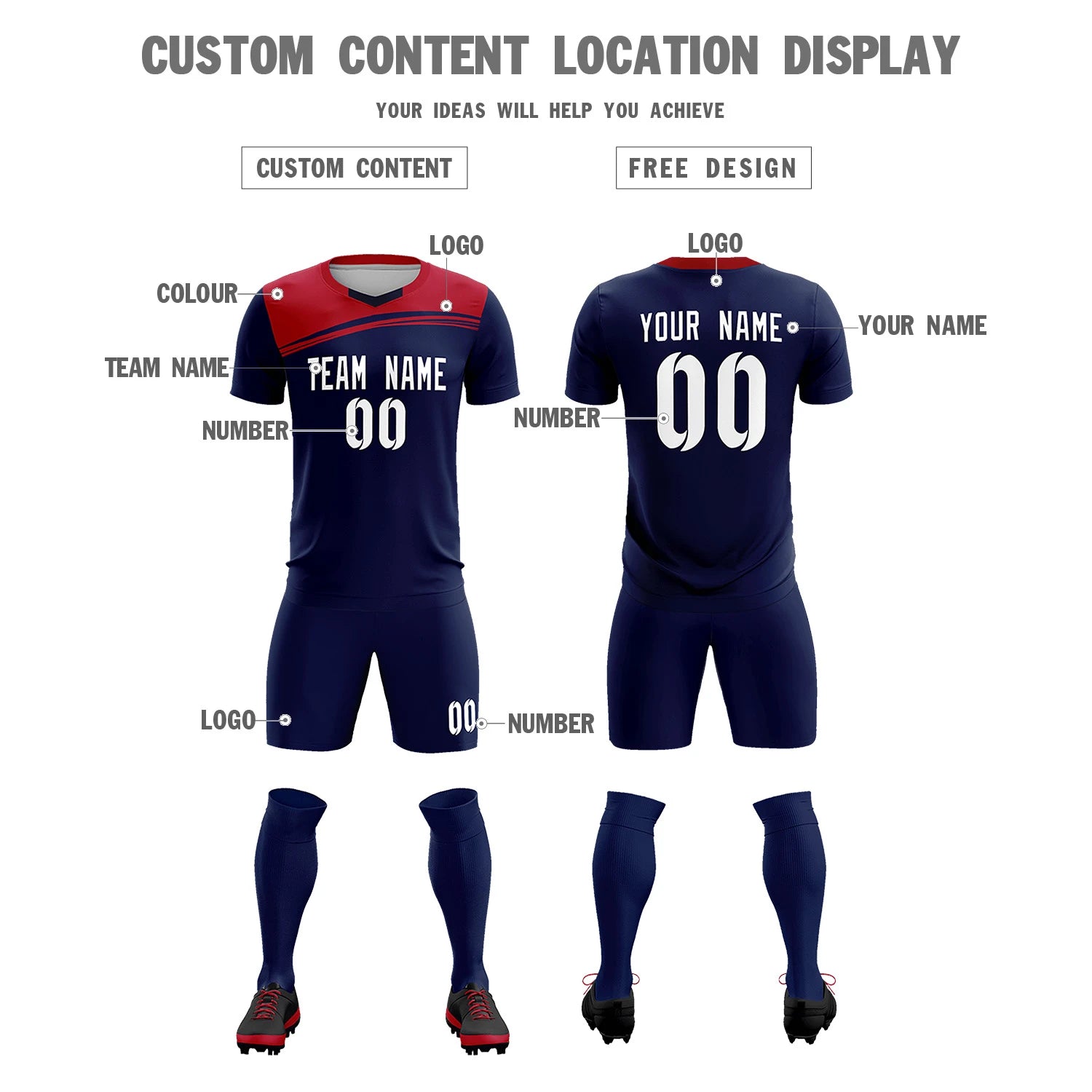 Custom Navy Red Personalized Men Soccer Sets Jersey