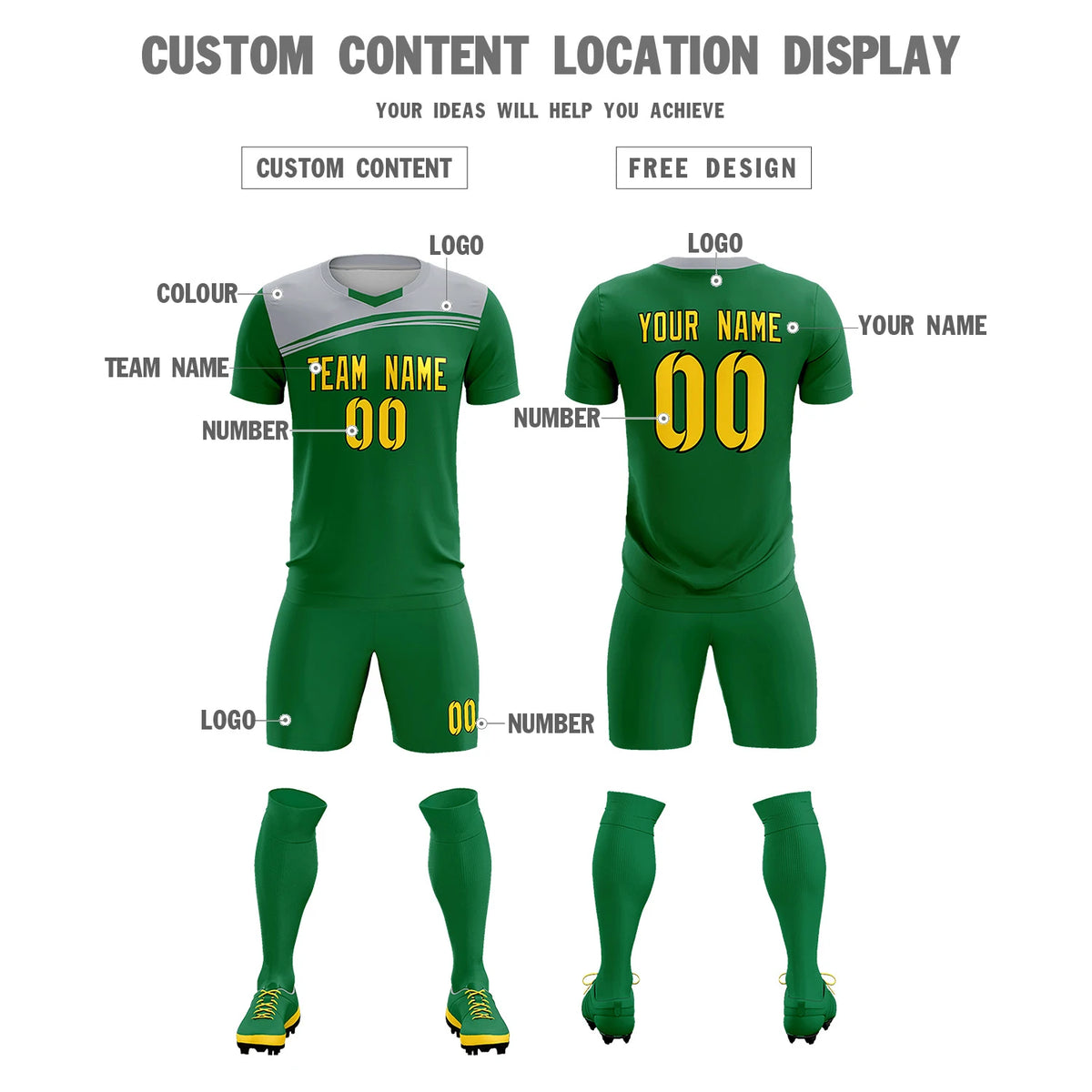 Custom Kelly Green Gray Personalized Men Soccer Sets Jersey