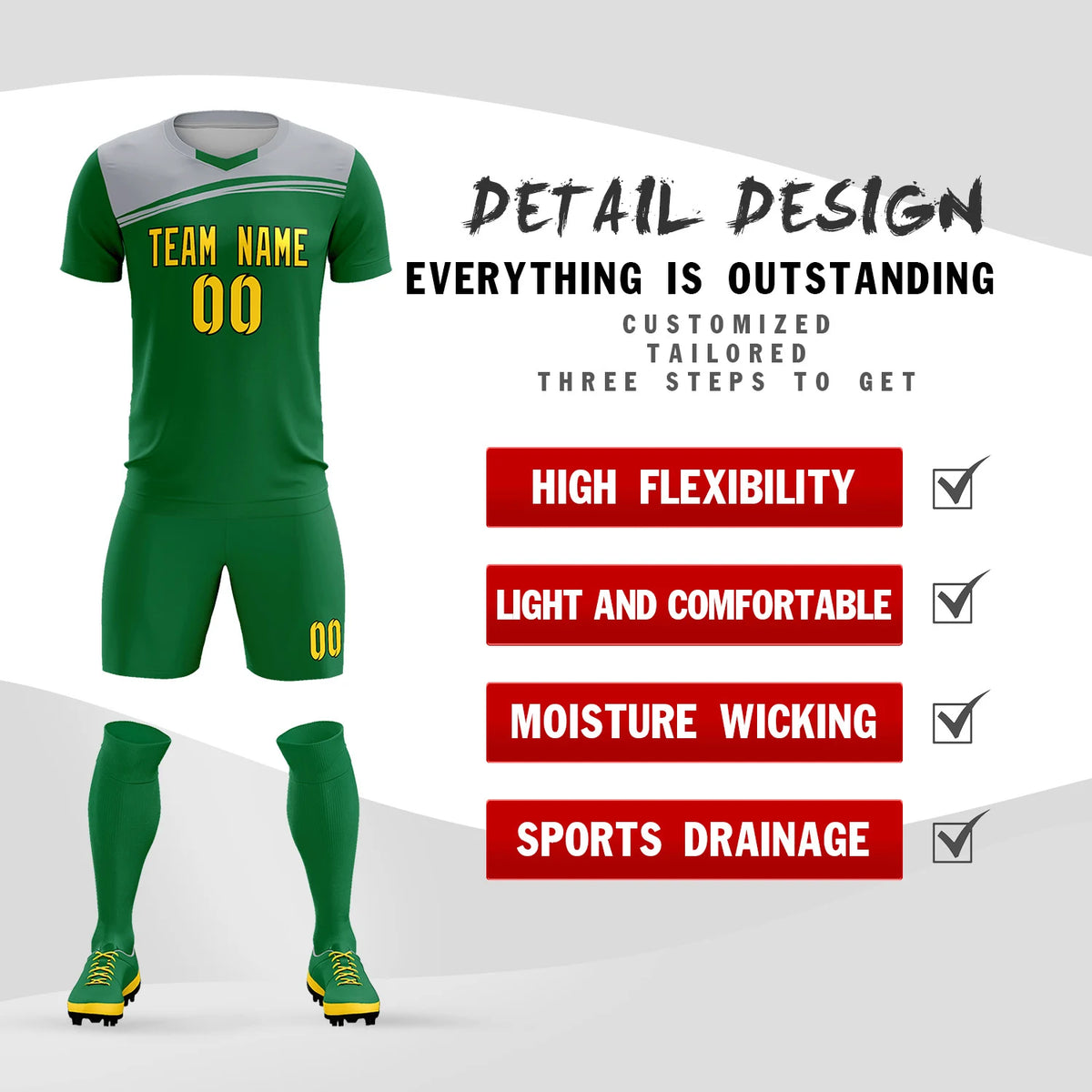Custom Kelly Green Gray Personalized Men Soccer Sets Jersey