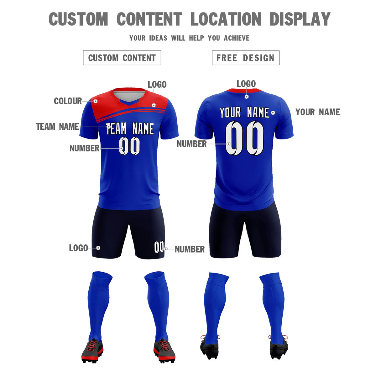 Custom Royal Blue Red Personalized Men Soccer Sets Jersey