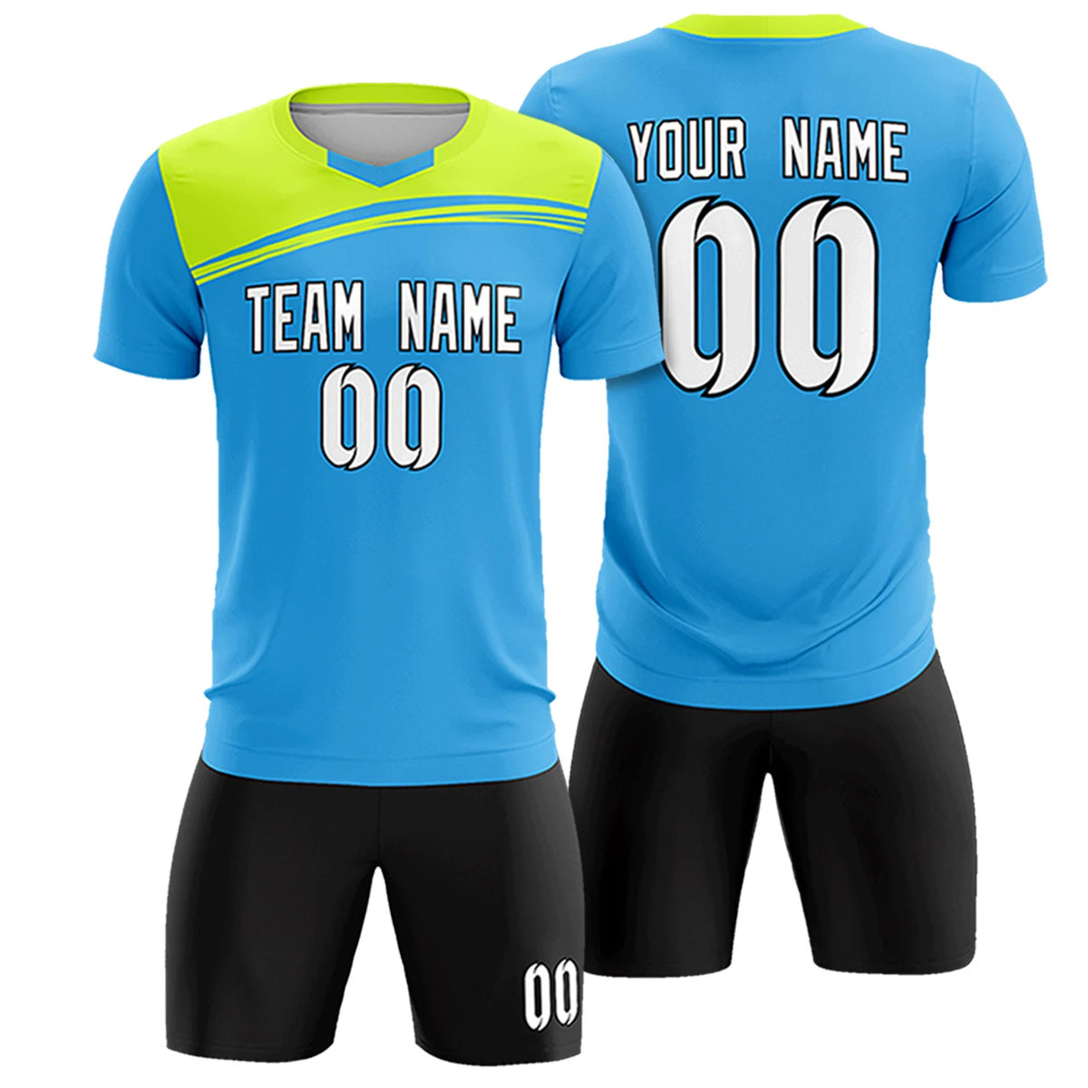 Custom Powder Blue Neon Green Personalized Men Soccer Sets Jersey
