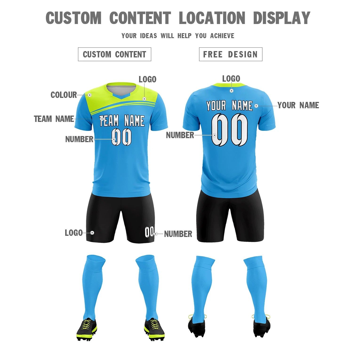 Custom Powder Blue Neon Green Personalized Men Soccer Sets Jersey