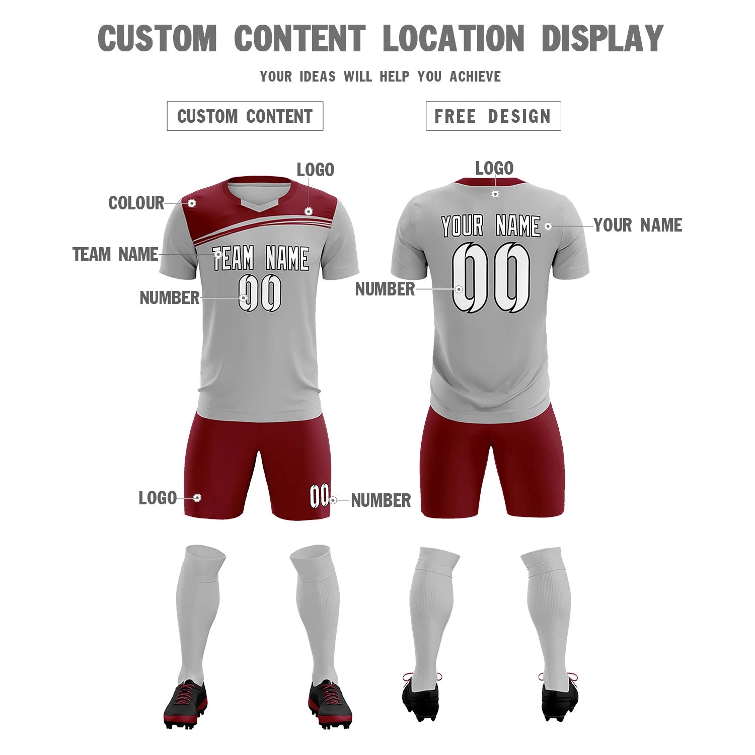 Custom Gray Crimson Personalized Men Soccer Sets Jersey