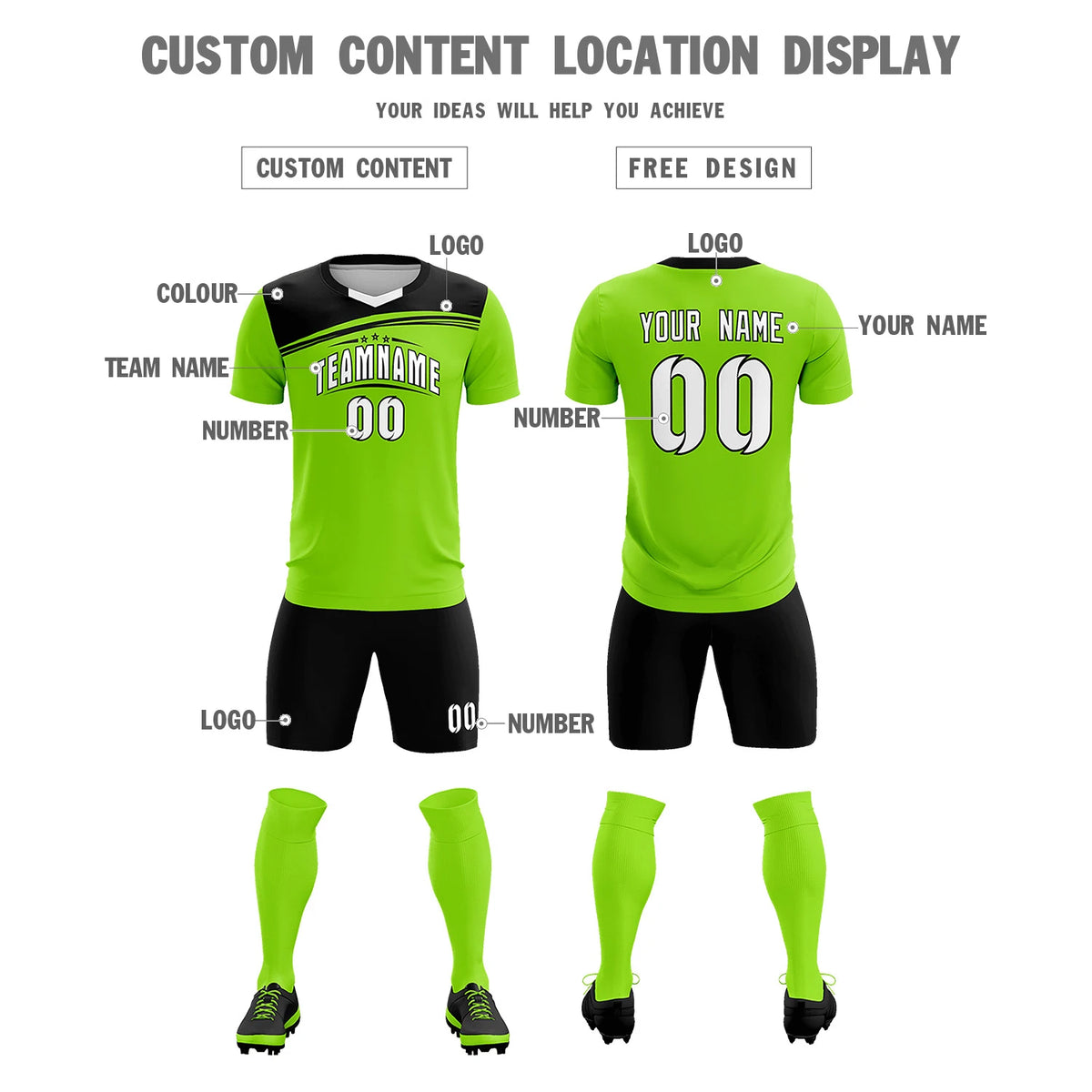 Custom Neon Green Black Personalized Men Soccer Sets Jersey