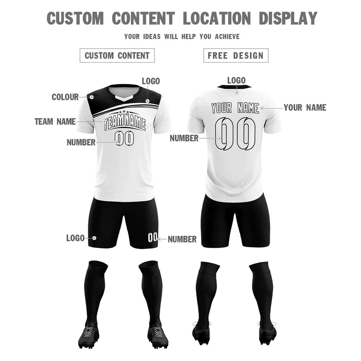 Custom White Black Personalized Men Soccer Sets Jersey