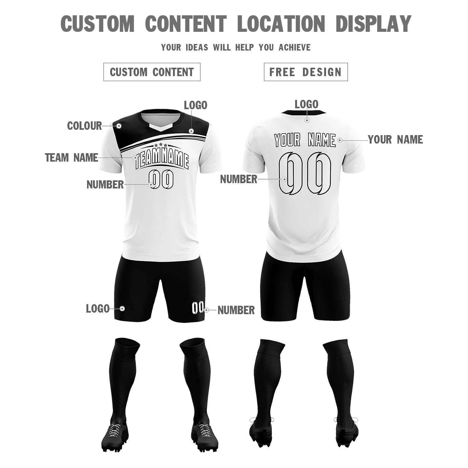 Custom White Black Personalized Men Soccer Sets Jersey