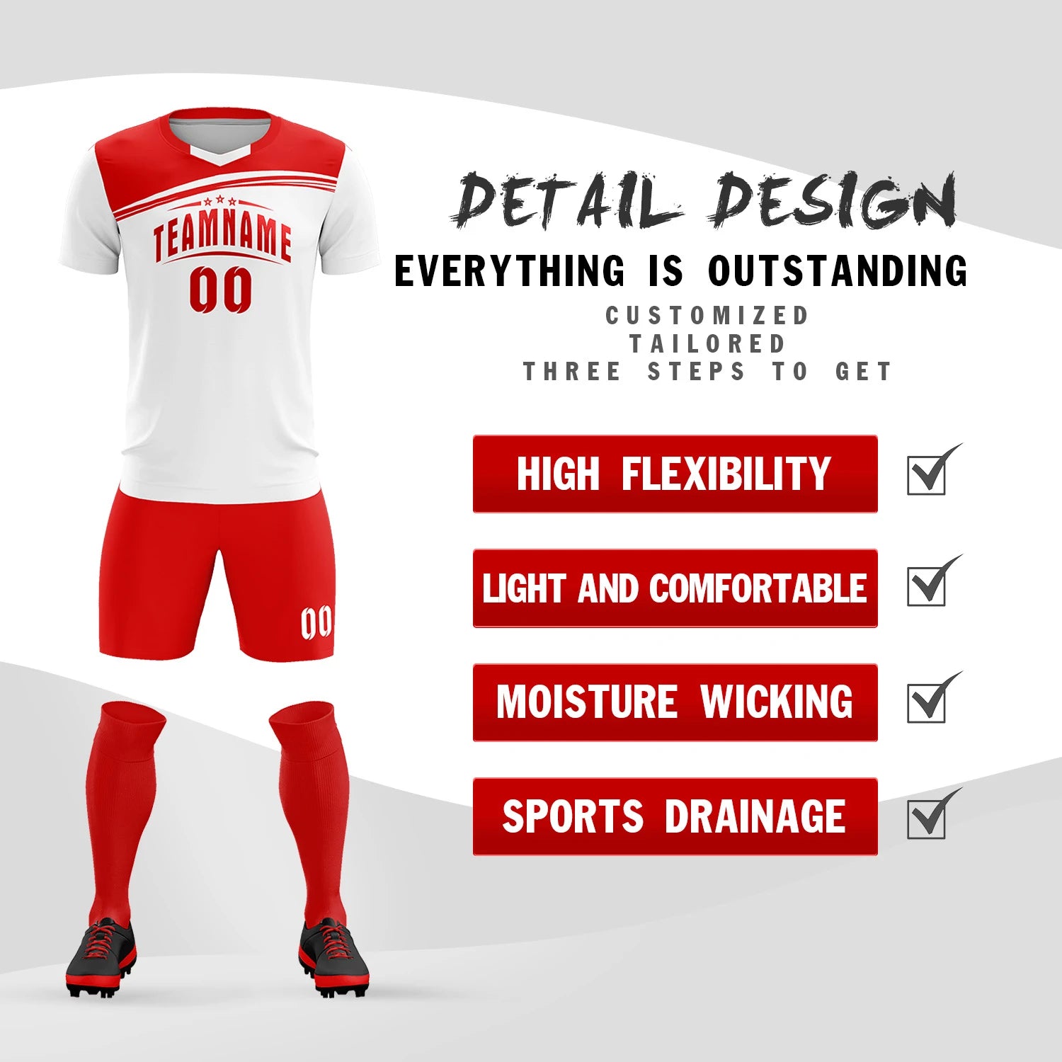 Custom White Red Personalized Men Soccer Sets Jersey