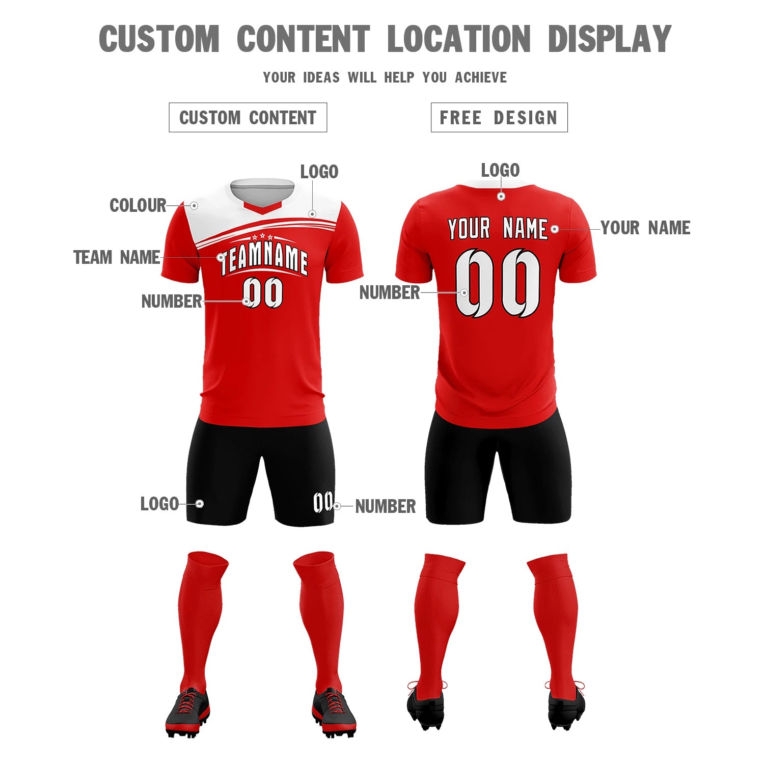 Custom Red White Personalized Men Soccer Sets Jersey