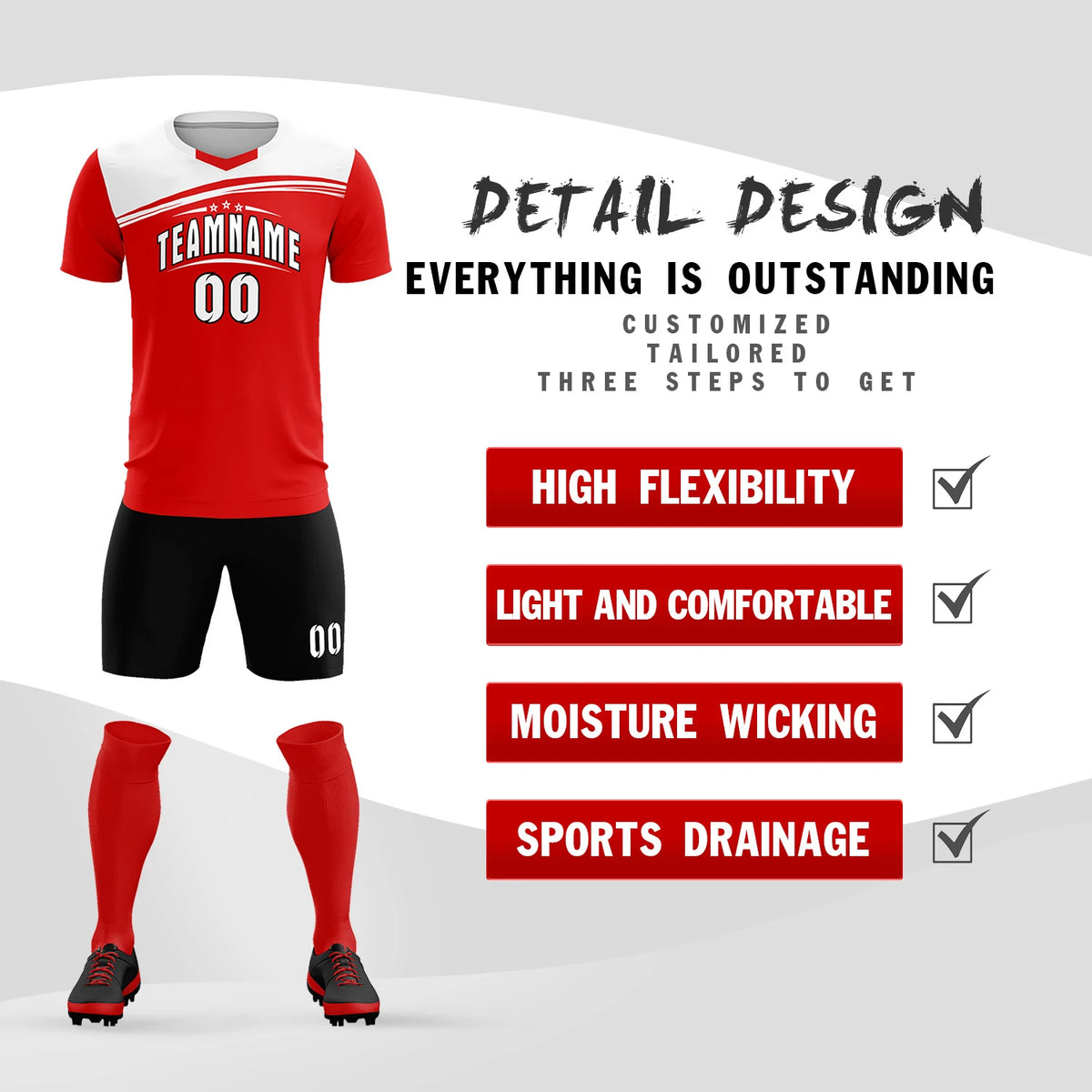 Custom Red White Personalized Men Soccer Sets Jersey