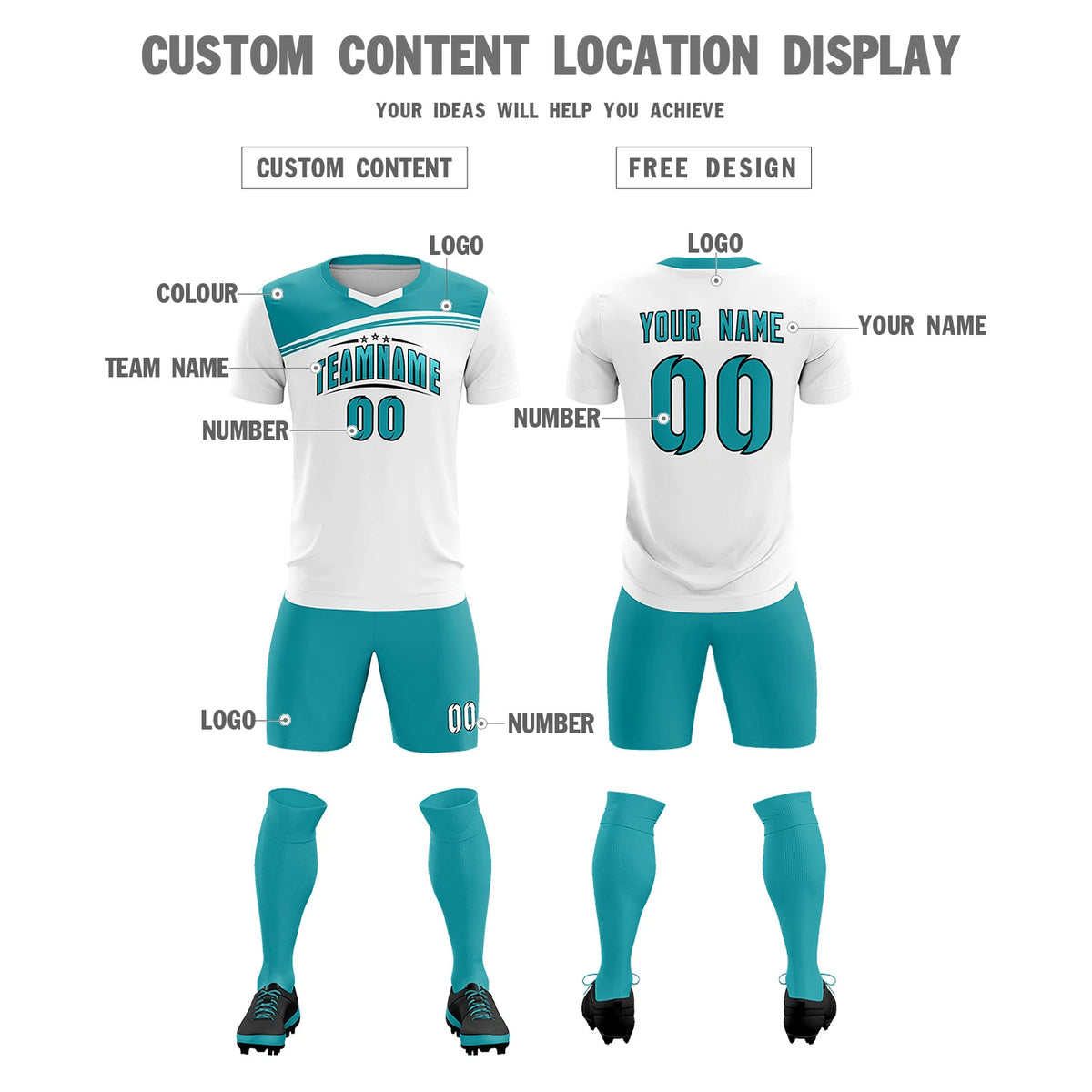 Custom White Aqua Personalized Men Soccer Sets Jersey