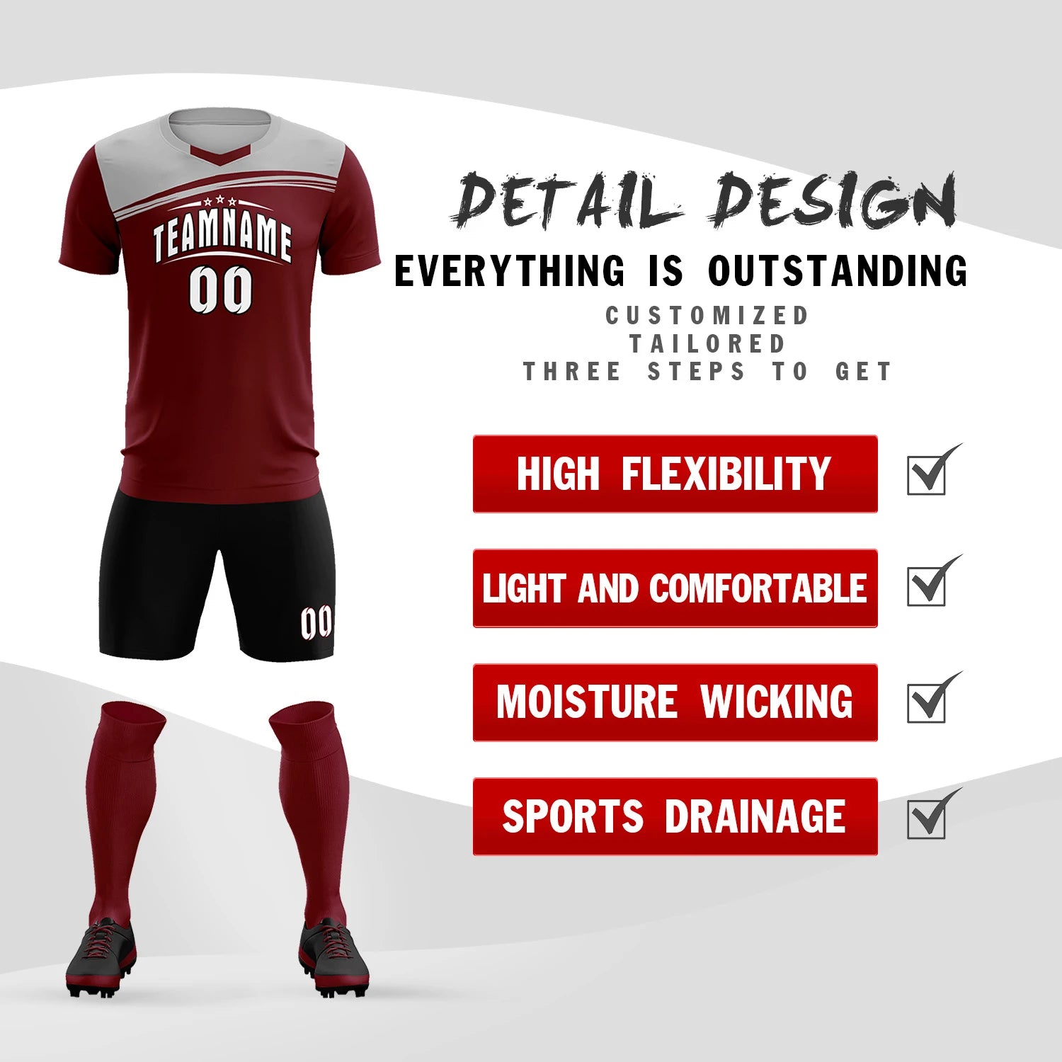 Custom Crimson Gray Personalized Men Soccer Sets Jersey