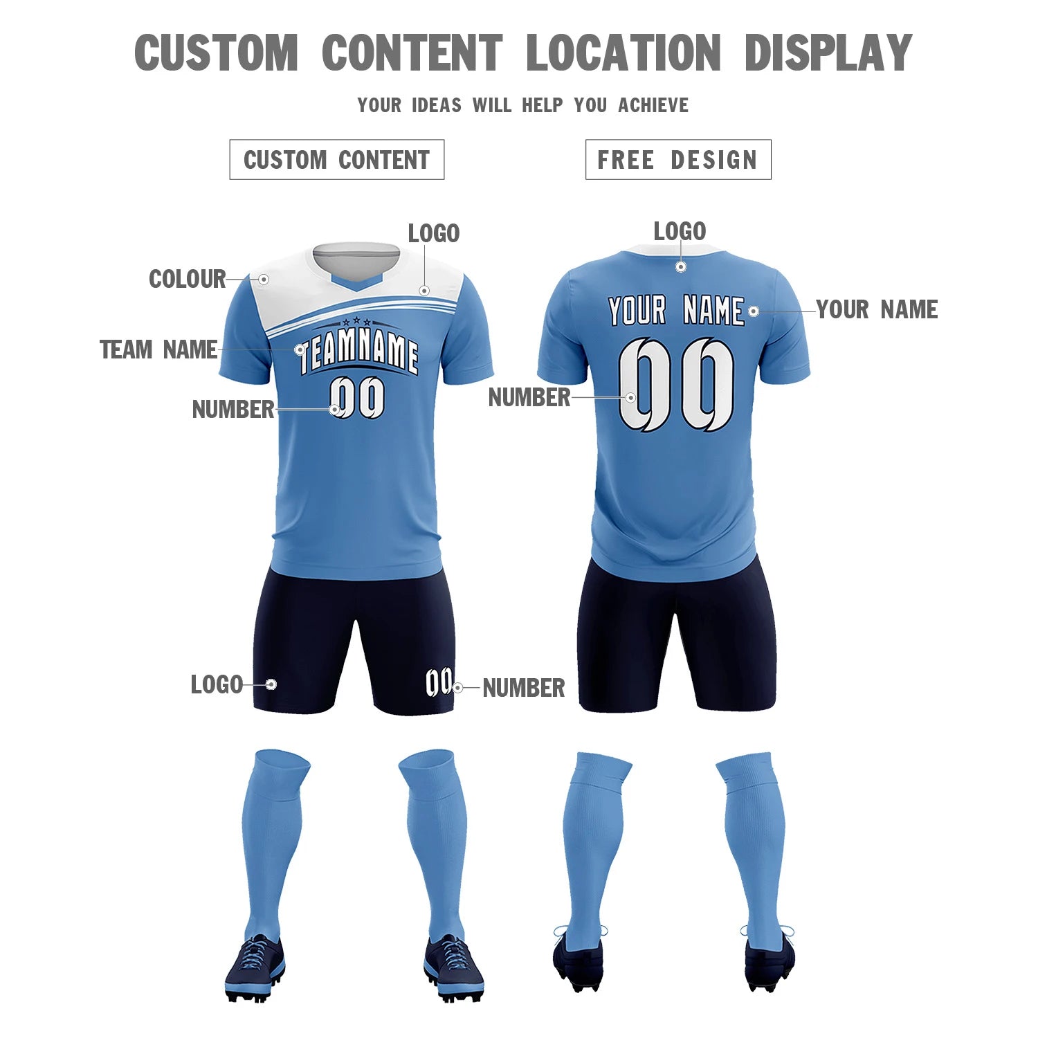 Custom Light Blue White Personalized Men Soccer Sets Jersey