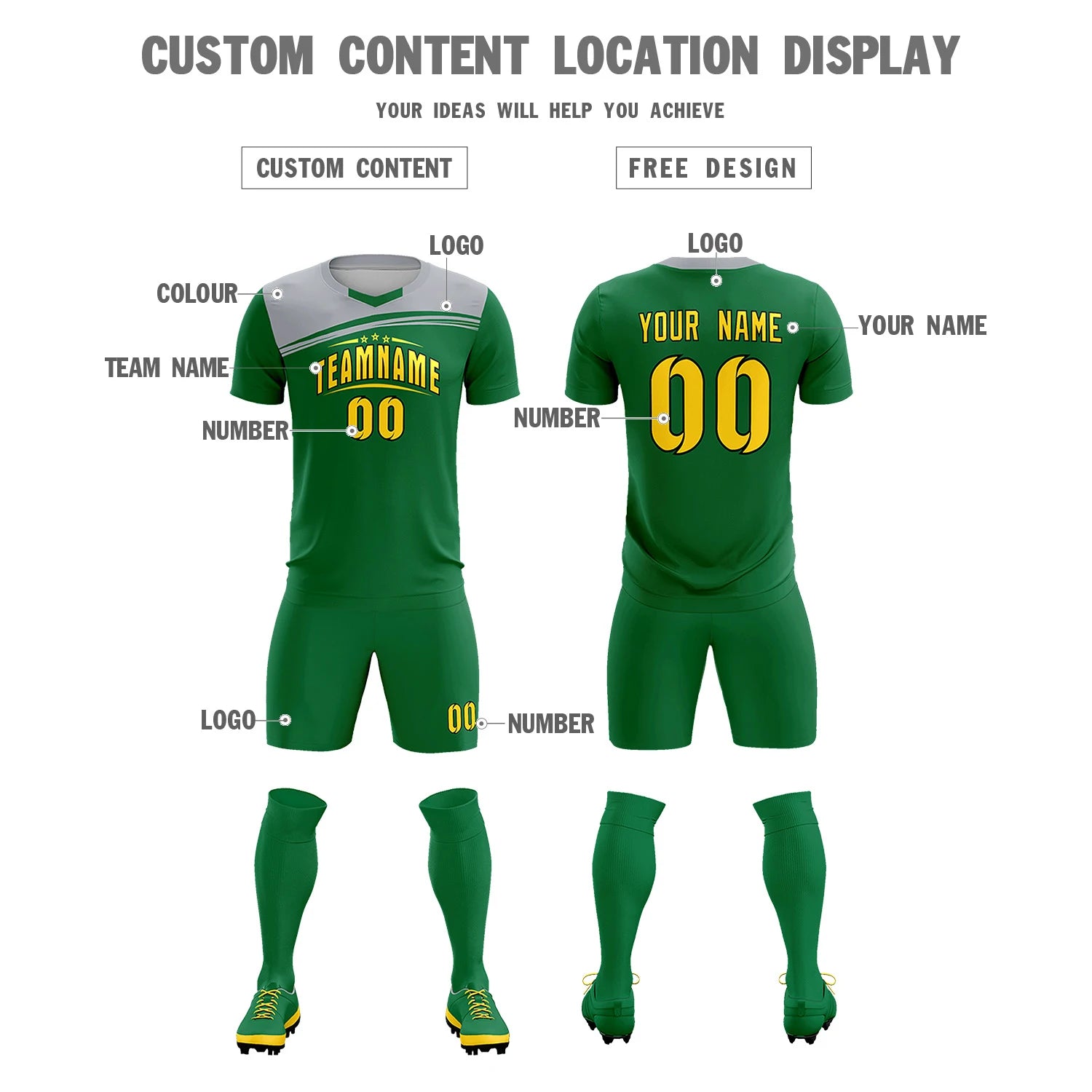 Custom Kelly Green Gray Personalized Men Soccer Sets Jersey