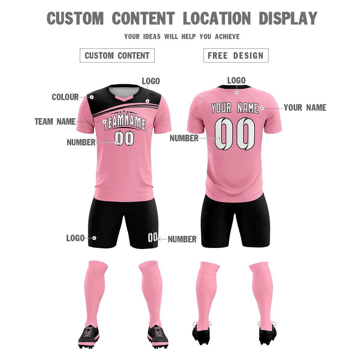 Custom Light Pink Black Personalized Men Soccer Sets Jersey