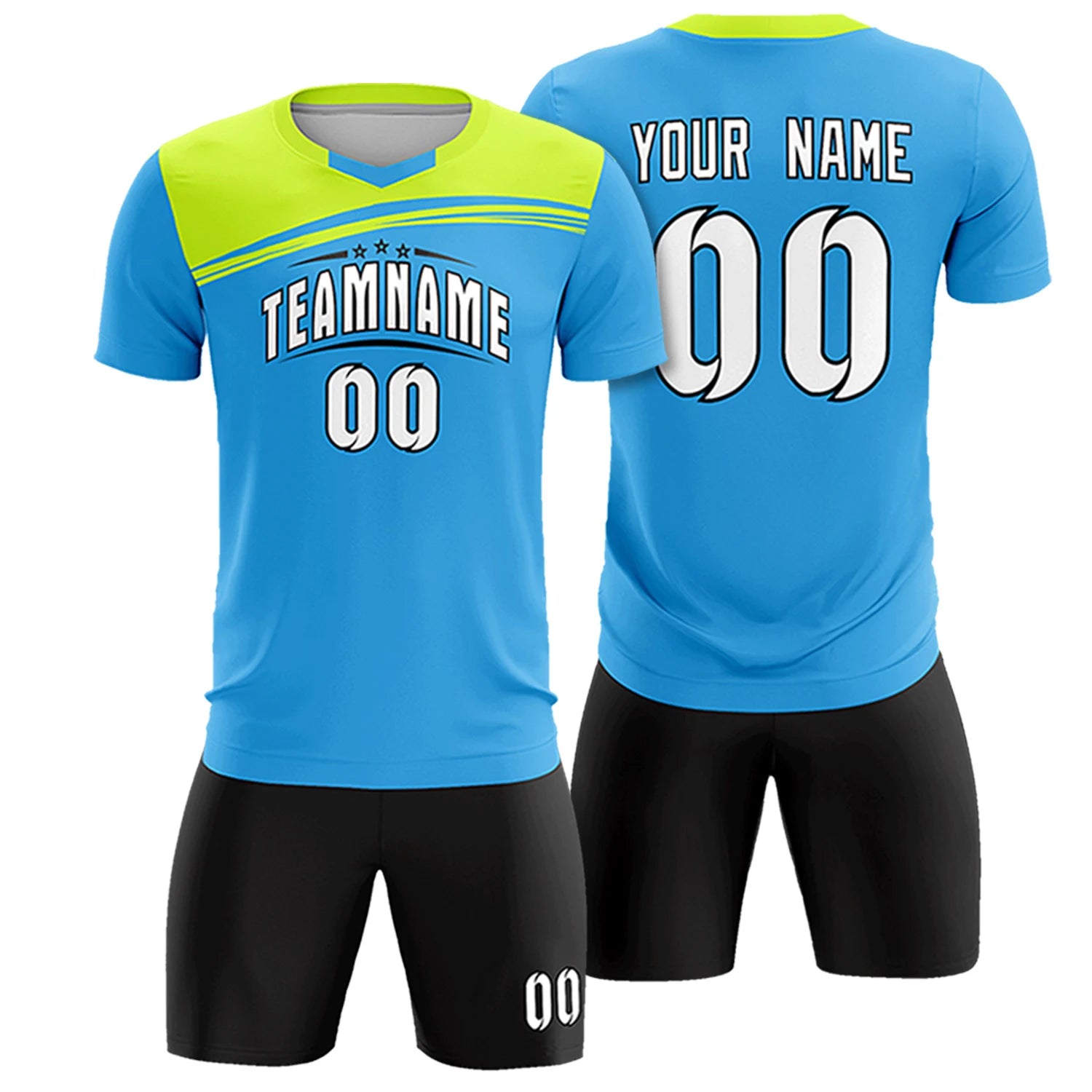 Custom Powder Blue Neon Green Personalized Men Soccer Sets Jersey