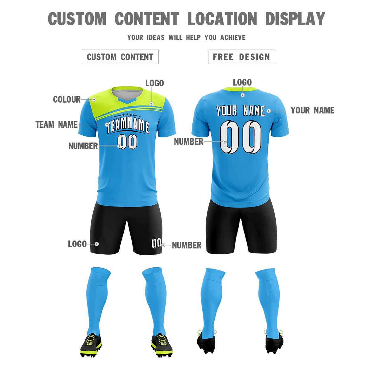 Custom Powder Blue Neon Green Personalized Men Soccer Sets Jersey