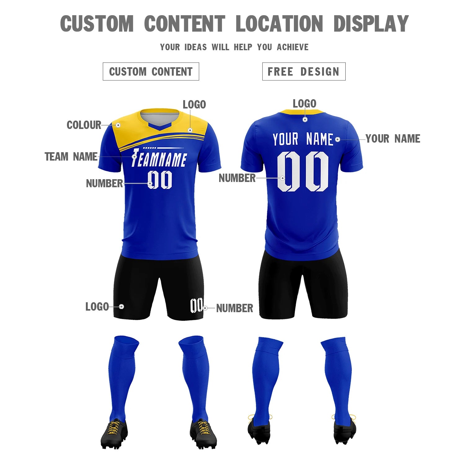 Custom Royal Blue Gold01 Personalized Men Soccer Sets Jersey