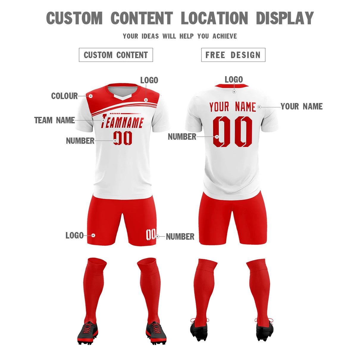 Custom White Red Personalized Men Soccer Sets Jersey