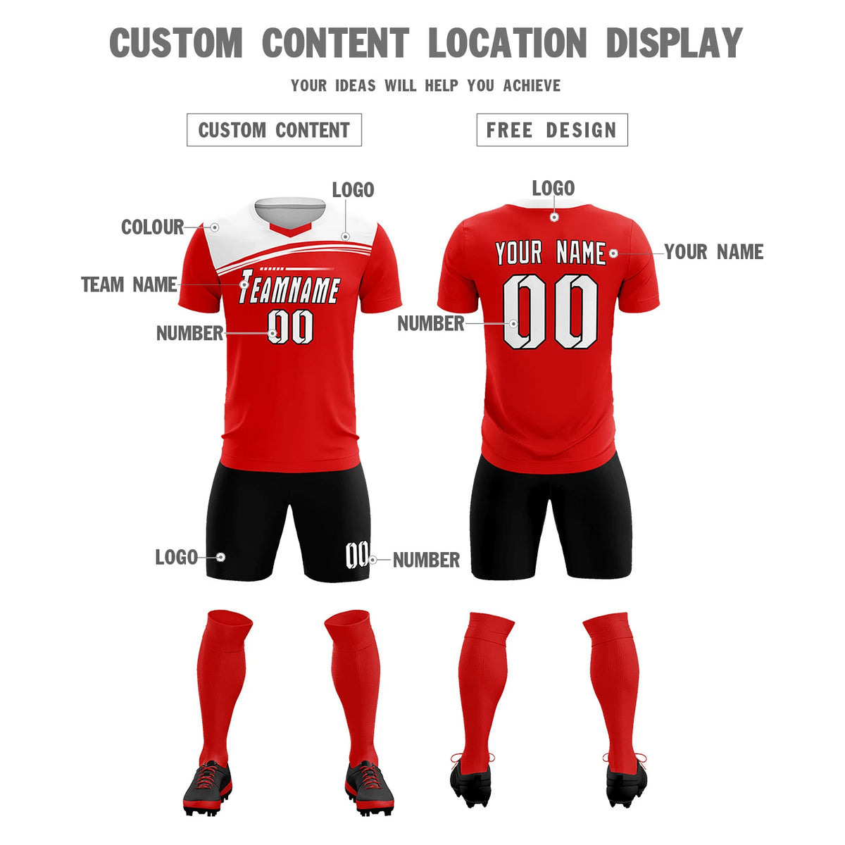 Custom Red White Personalized Men Soccer Sets Jersey