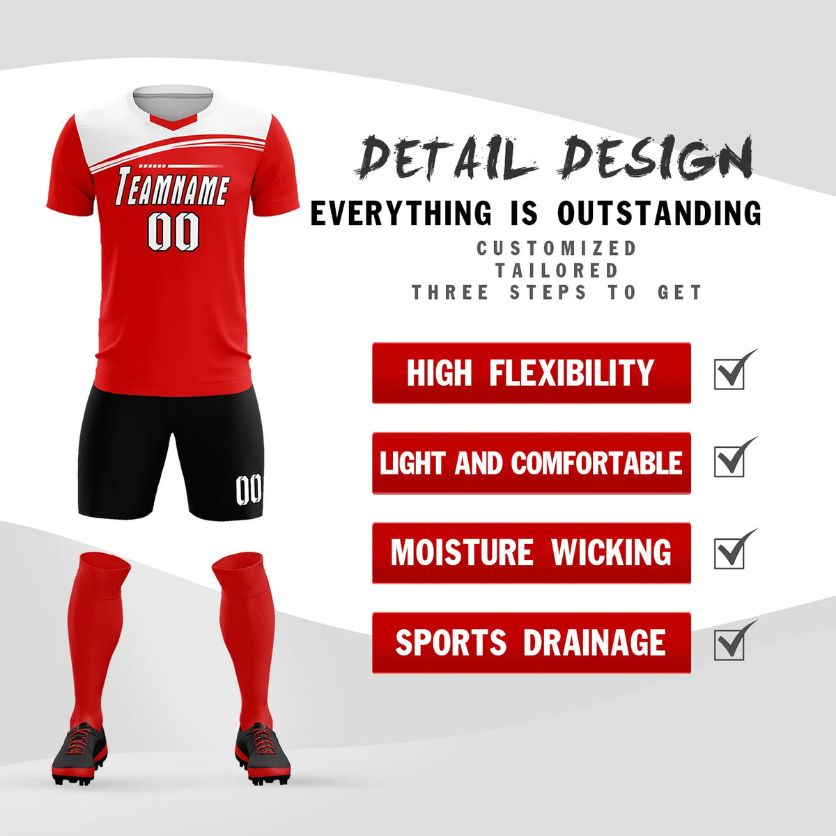 Custom Red White Personalized Men Soccer Sets Jersey