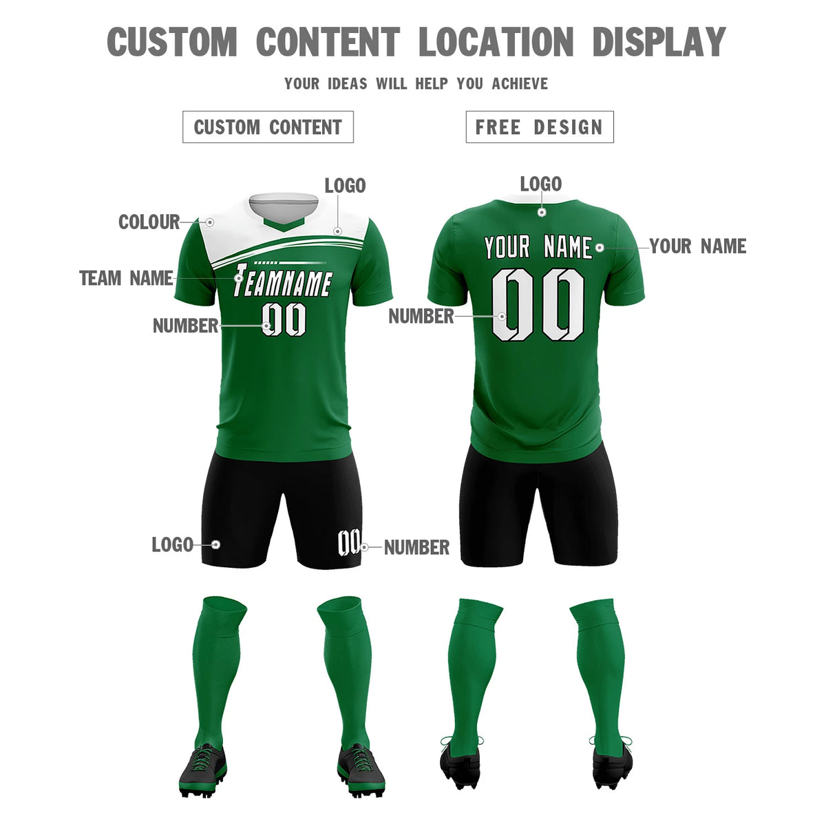 Custom Kelly Green White Personalized Men Soccer Sets Jersey