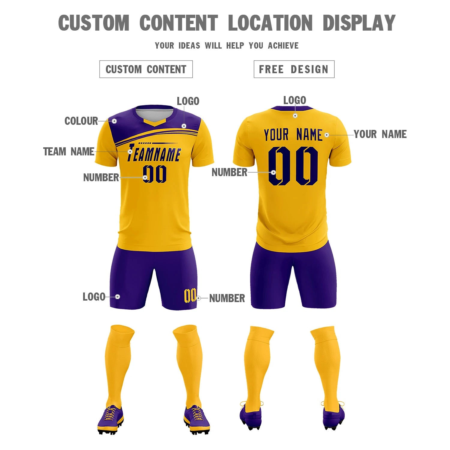 Custom Yellow Purple Personalized Men Soccer Sets Jersey