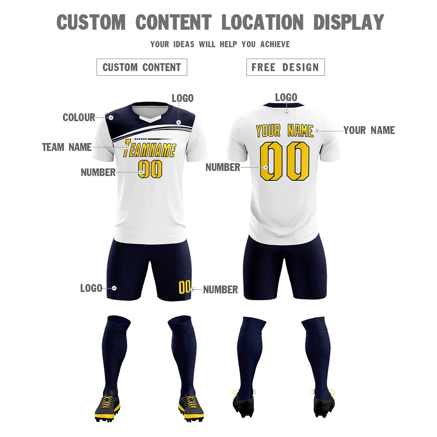 Custom White Navy Personalized Men Soccer Sets Jersey