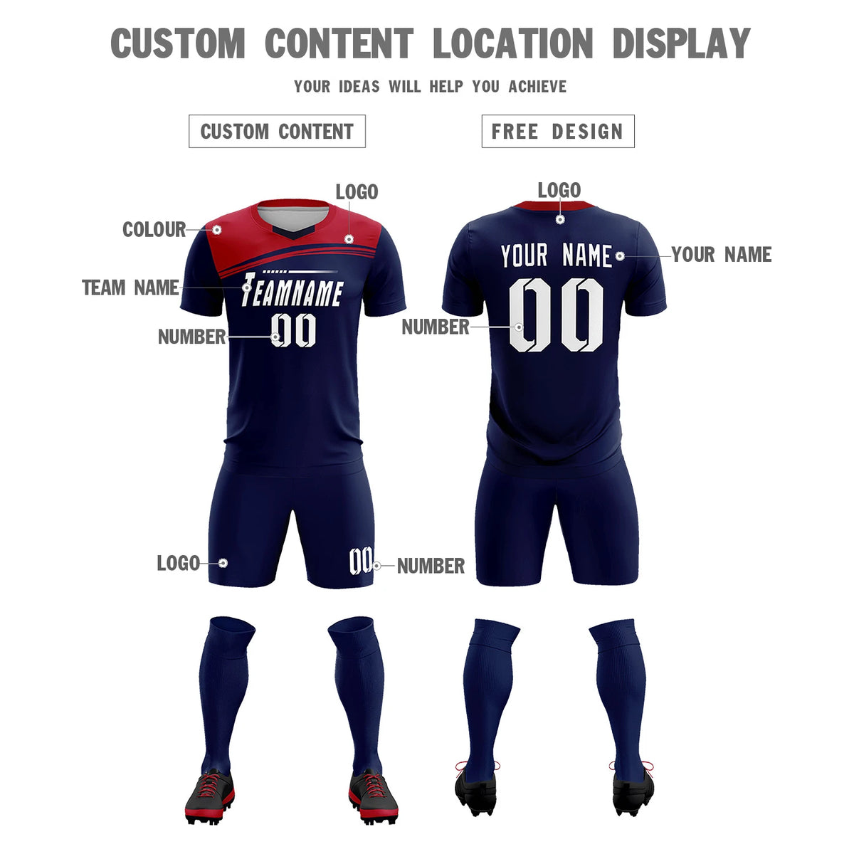 Custom Navy Red Personalized Men Soccer Sets Jersey