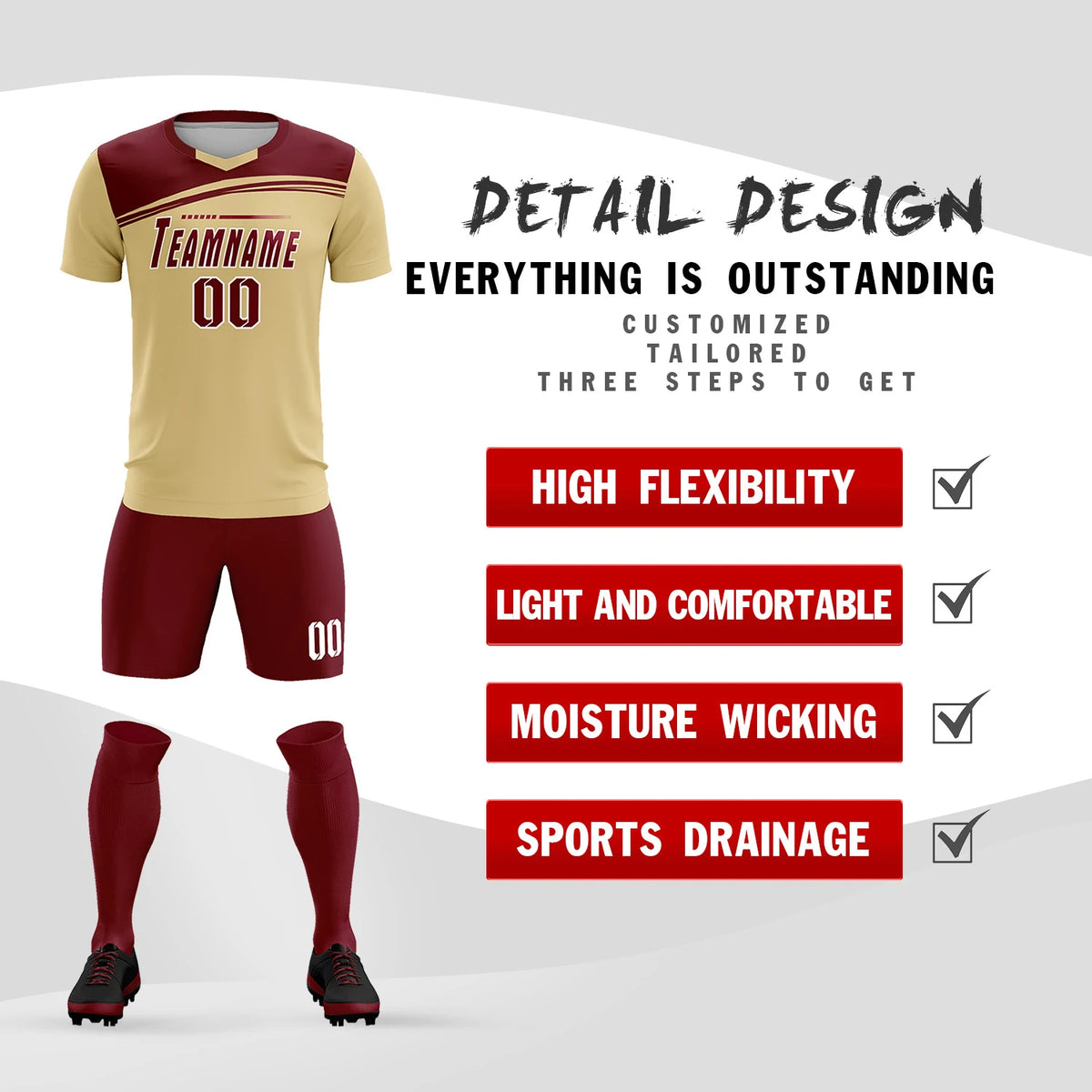 Custom Khaki Crimson Personalized Men Soccer Sets Jersey