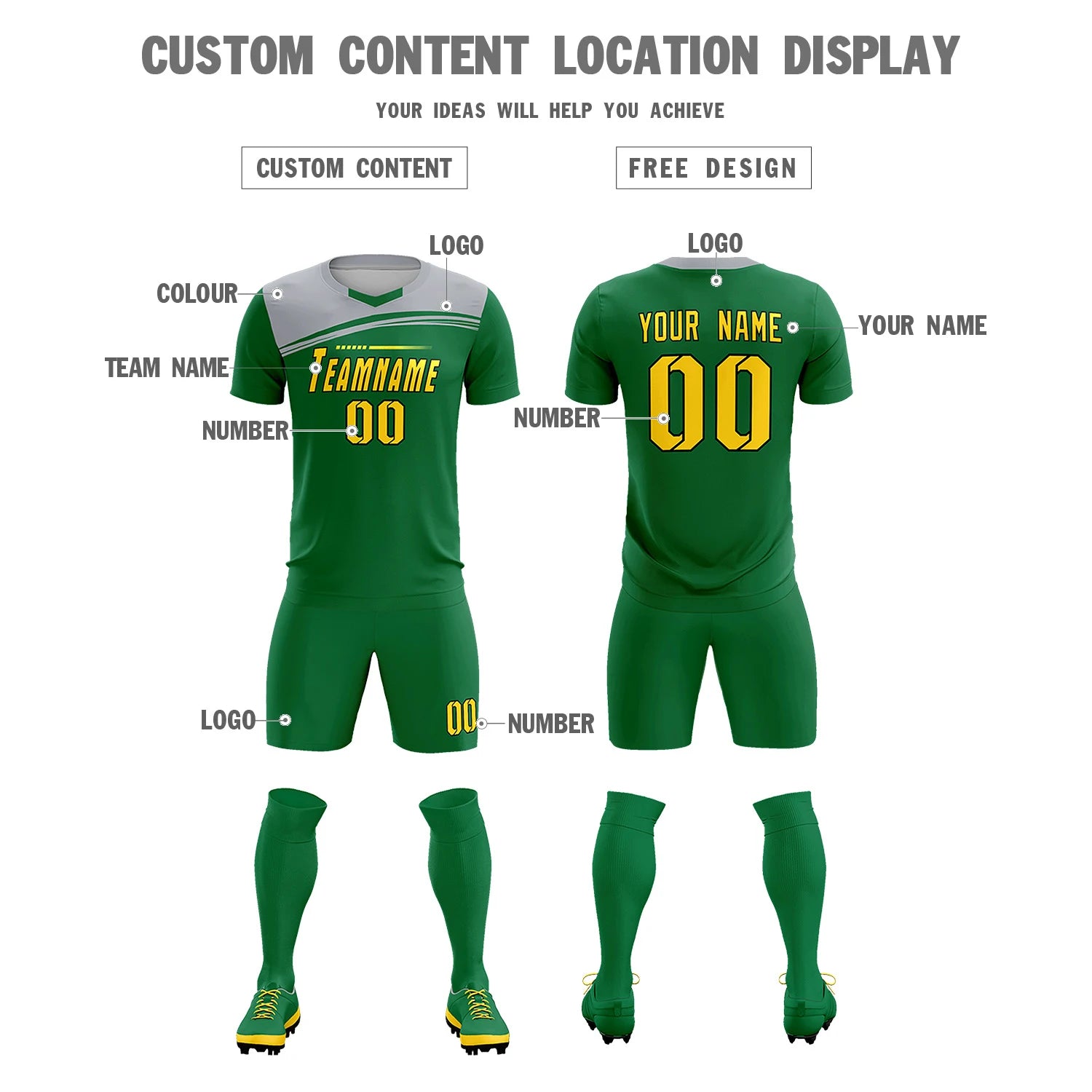 Custom Kelly Green Gray Personalized Men Soccer Sets Jersey