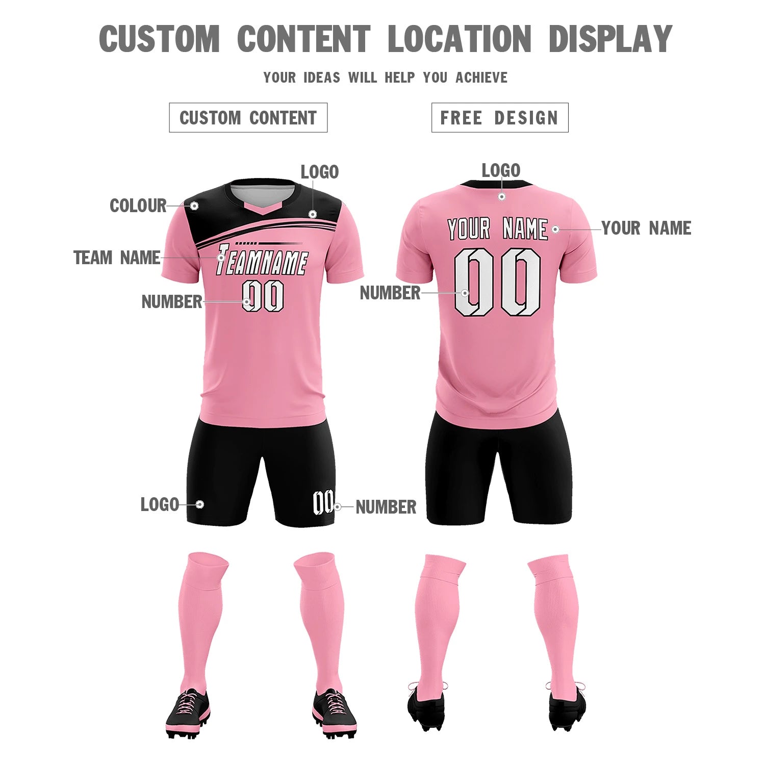 Custom Light Pink Black Personalized Men Soccer Sets Jersey